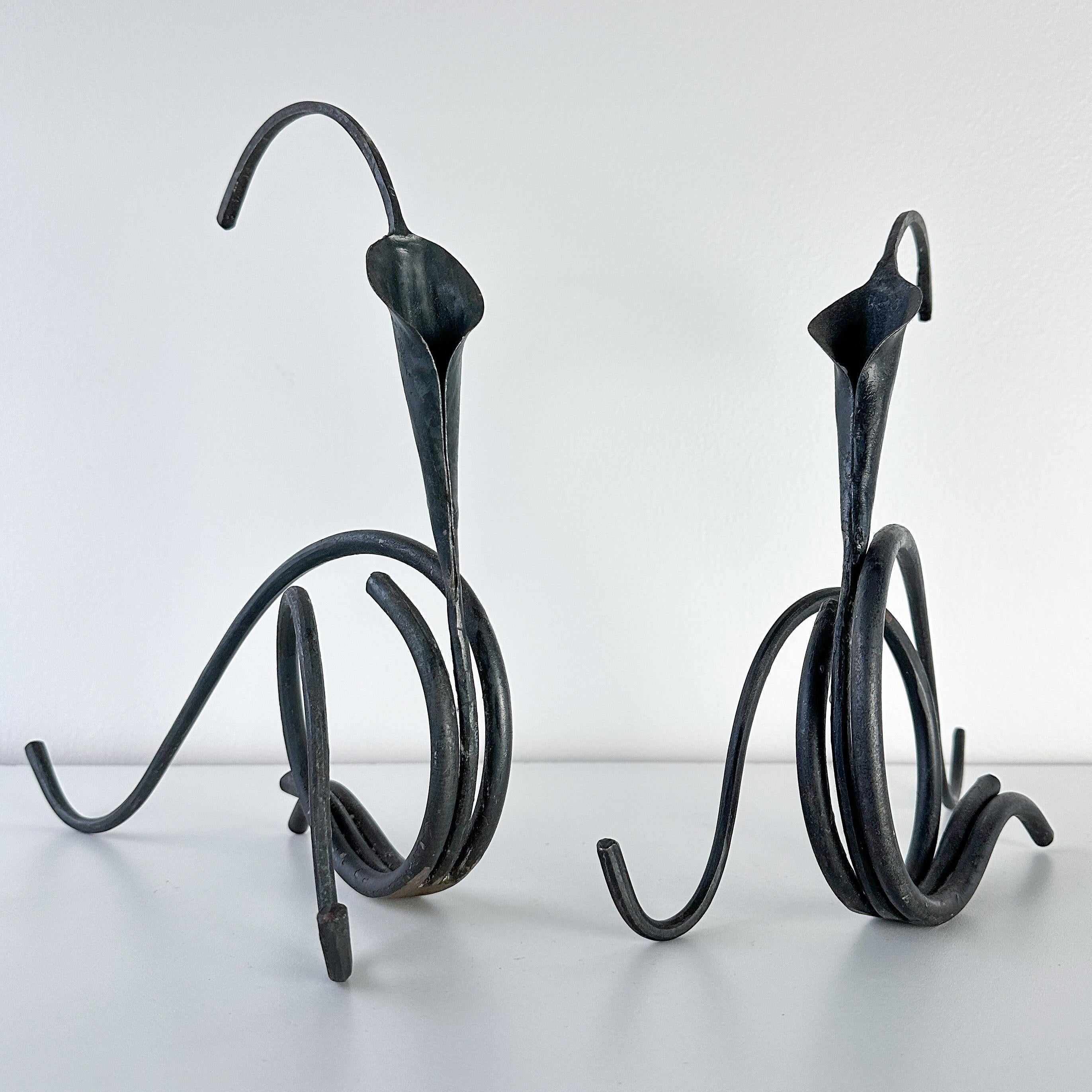 Jack Brubaker Iron Calla Lilly Sculptural Candle Holder Pair In Excellent Condition For Sale In Westfield, NJ