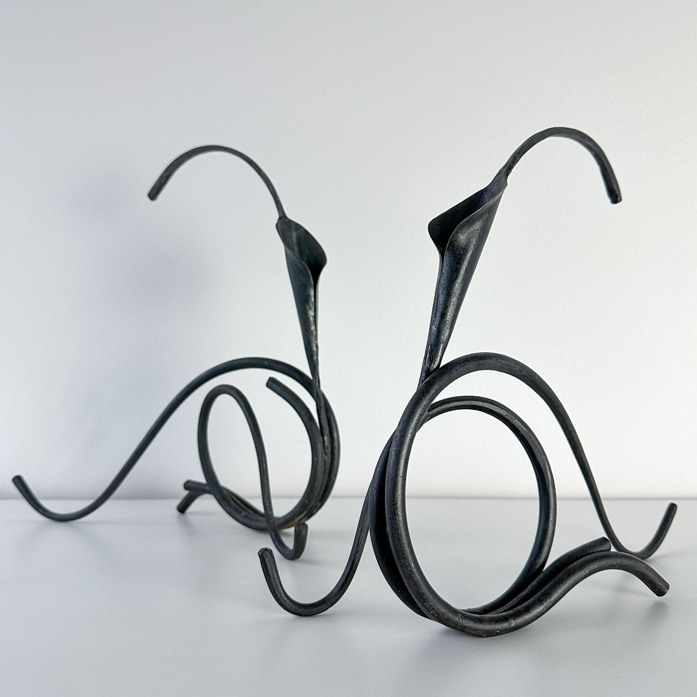 20th Century Jack Brubaker Iron Calla Lilly Sculptural Candle Holder Pair For Sale