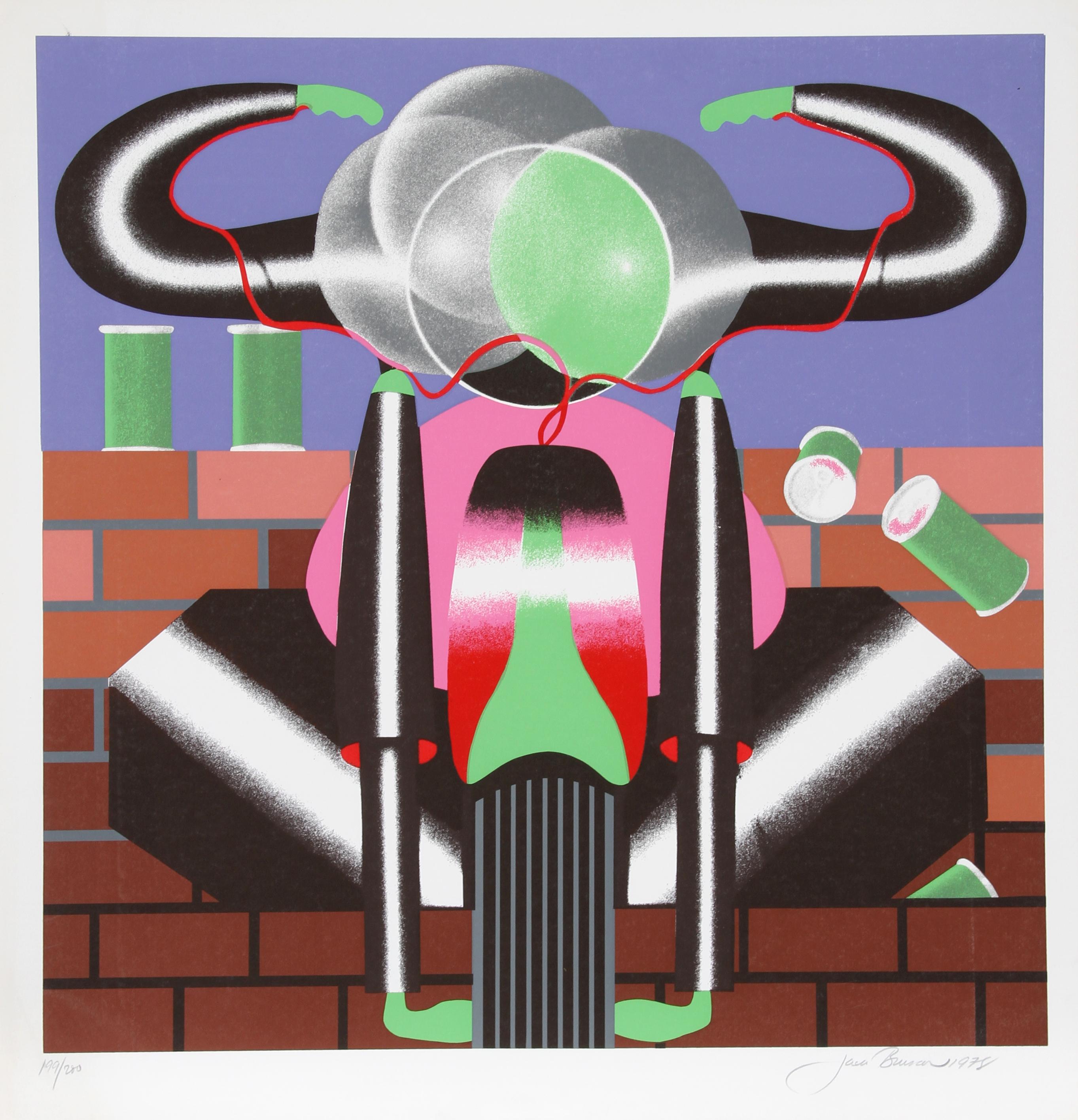 Artist: Jack Brusca, American (1939 - 1993)
Title: Ride
Year: 1978
Medium: Serigraph, signed and numbered in pencil
Edition: 200
Image Size: 24 x 24 inches
Size: 26 in. x 27 in. (66.04 cm x 68.58 cm)