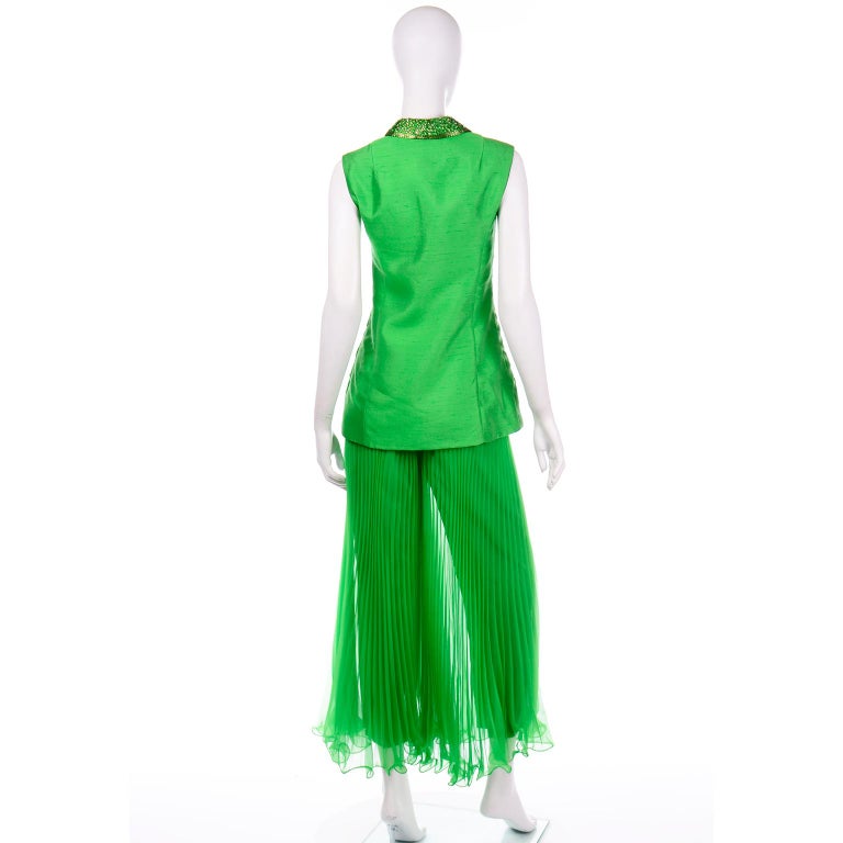 Jack Bryan by Dupuis Green Evening Outfit Pleated Palazzo Trousers and  Beaded Jacket at 1stDibs