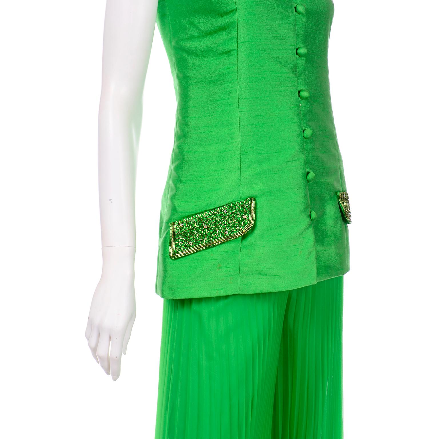 Women's Jack Bryan by Dupuis Green Evening Outfit Pleated Palazzo Pants & Beaded Jacket