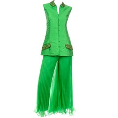 Vintage Jack Bryan by Dupuis Green Evening Outfit Pleated Palazzo Pants & Beaded Jacket