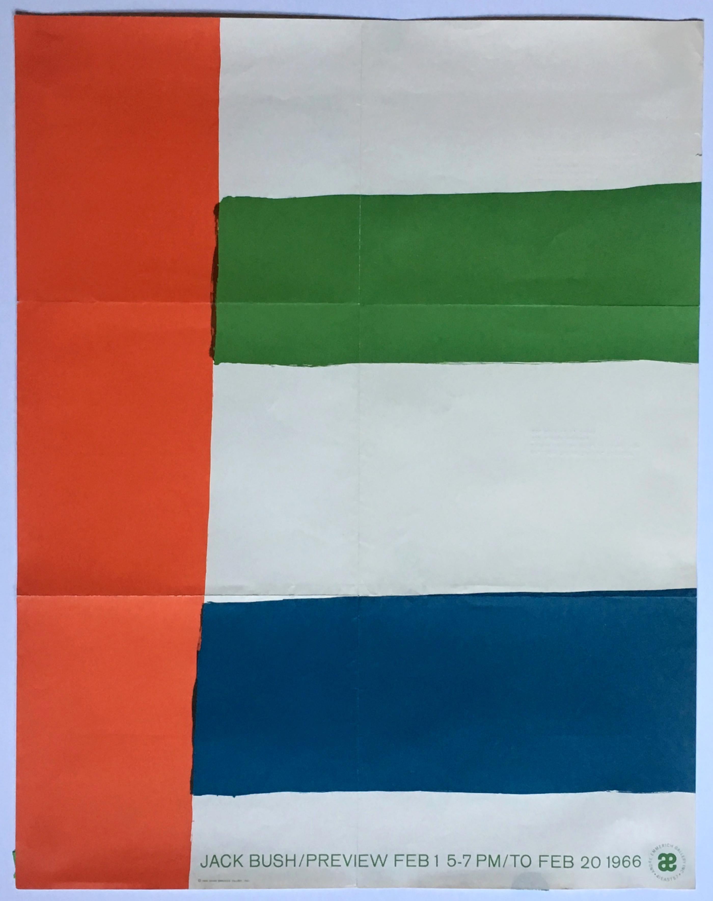Jack Bush
Jack Bush at Andre Emmerich, 1966
Offset lithograph exhibition poster. Postmarked to McNay Art institute director
22 1/2 × 17 3/4 inches
Unframed
This special mid century modern exhibition poster is a real find for any serious Jack Bush