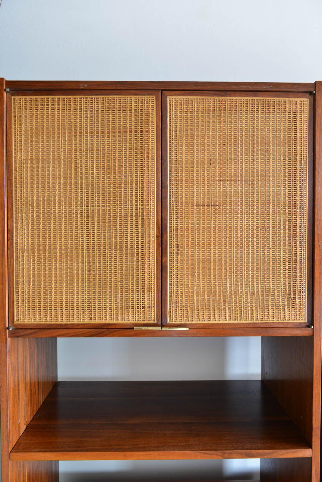 Mid-Century Modern Jack Cartwright for Founders Furniture Walnut and Cane Cabinets, circa 1960
