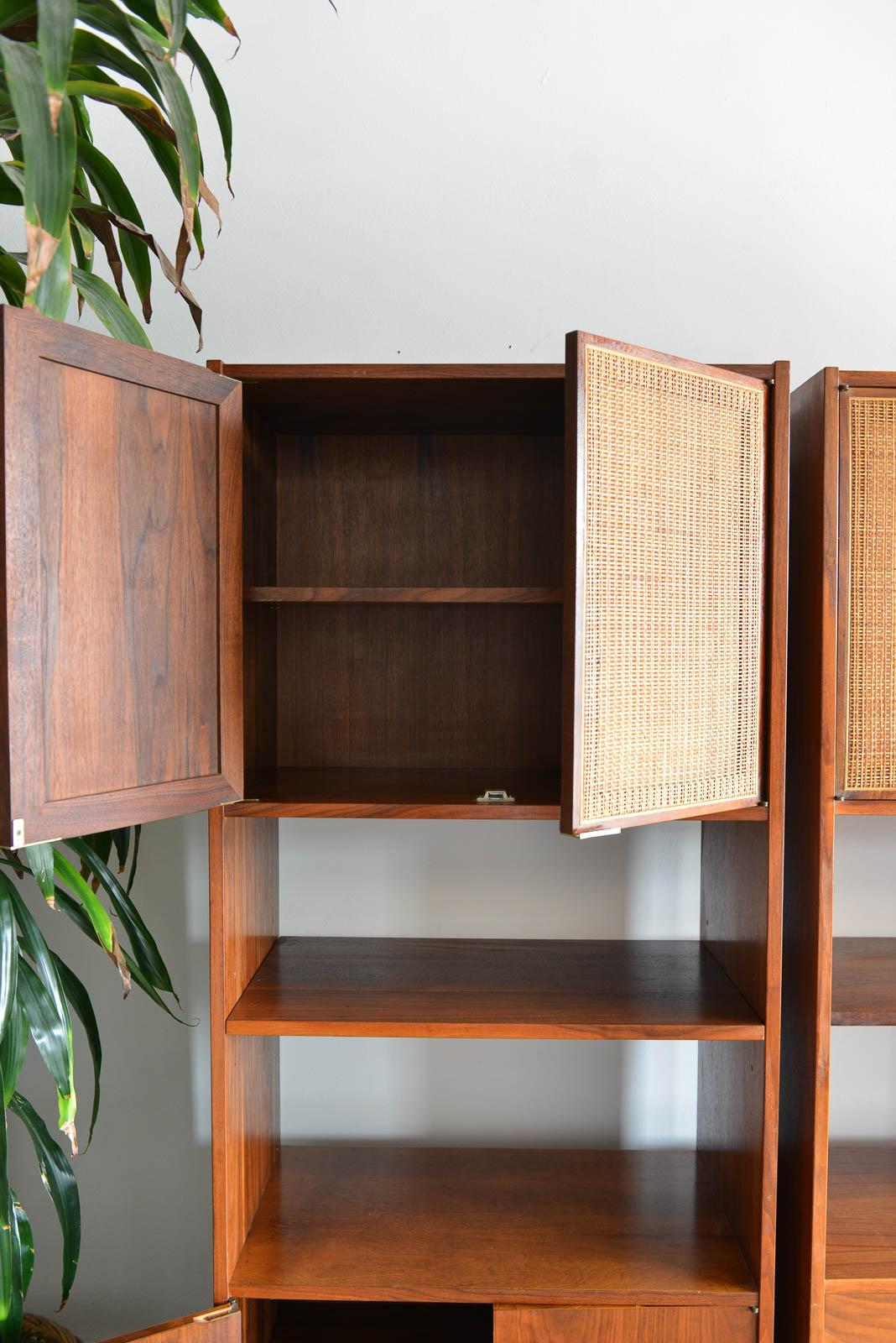 Mid-20th Century Jack Cartwright for Founders Furniture Walnut and Cane Cabinets, circa 1960