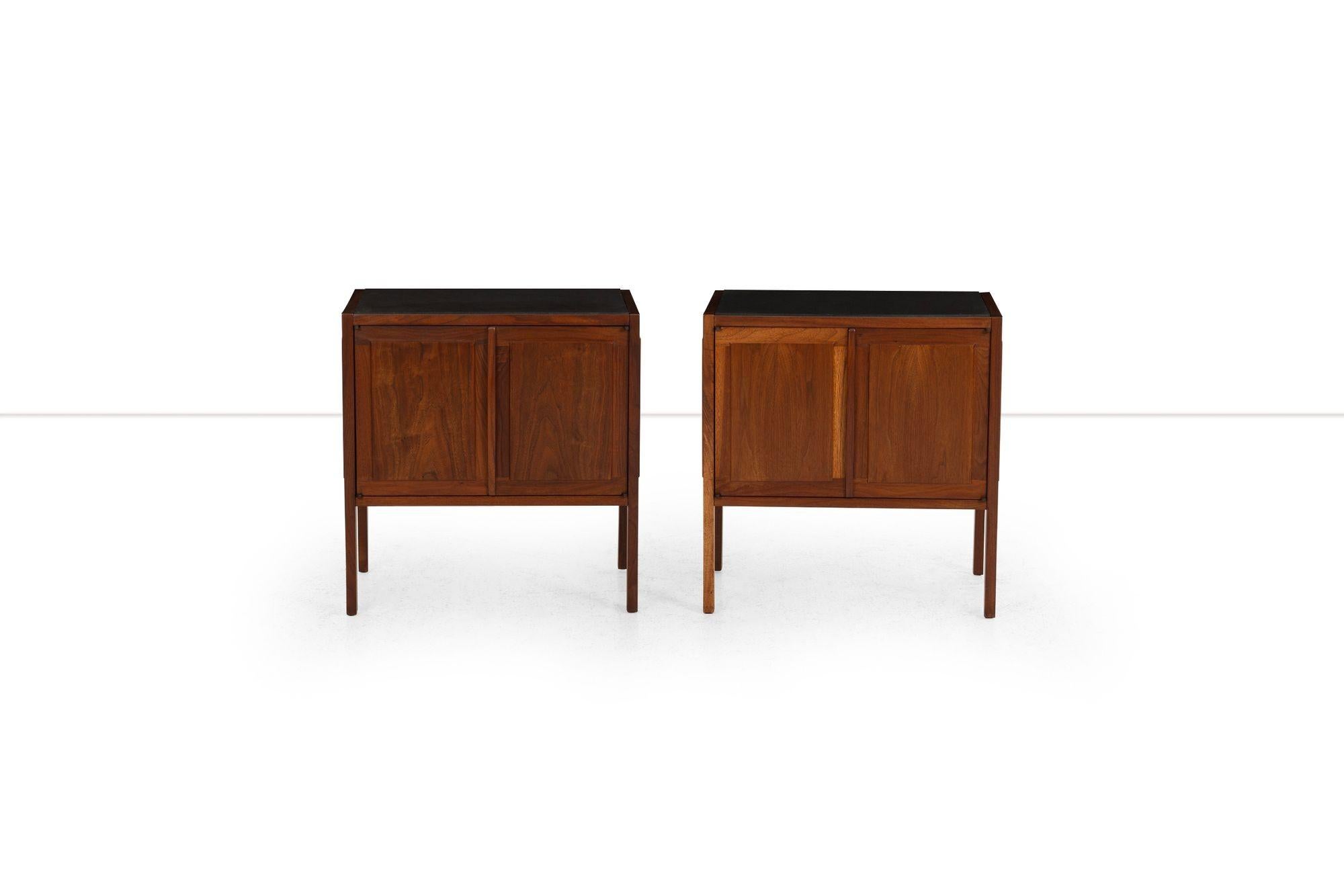 Jack Cartwright for Founders Furniture Walnut and Slate Nightstands, 1960
A clean, mid-century pairing by Jack Cartwright for Founders, circa 1960. Each nightstand features a honed cool black slate top over a warm oiled walnut case. Vertical