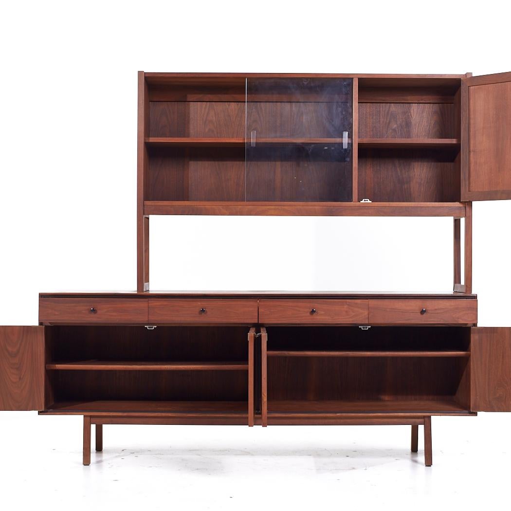 Jack Cartwright for Founders Mid Century Cane and Walnut Credenza Hutch

The credenza measures: 77.5 wide x 18 deep x 30.75 inches high
The hutch measures: 60.5 wide x 13 deep x 40 inches high
The combined height of the credenza and hutch is 70.75