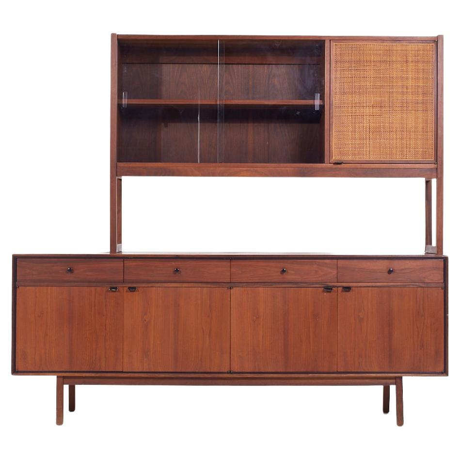 Jack Cartwright for Founders Mid Century Cane and Walnut Credenza Hutch For Sale