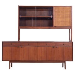 Used Jack Cartwright for Founders Mid Century Cane and Walnut Credenza Hutch