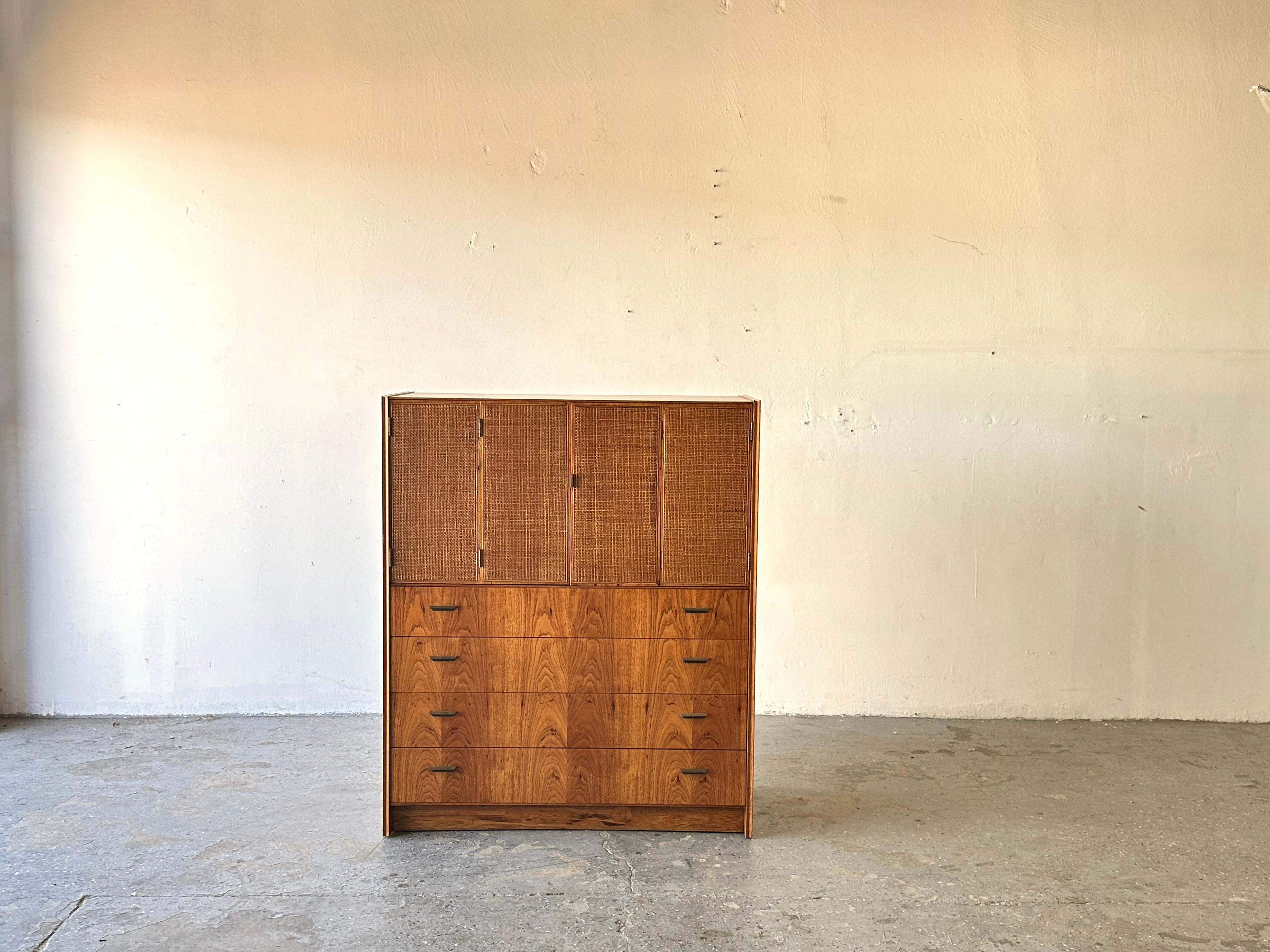 Jack Cartwright for Founders Mid Century Pecan wood Cane High Boy Dresser 3