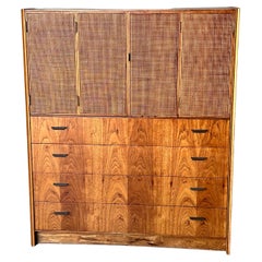 Jack Cartwright for Founders Mid Century Pecan wood Cane High Boy Dresser