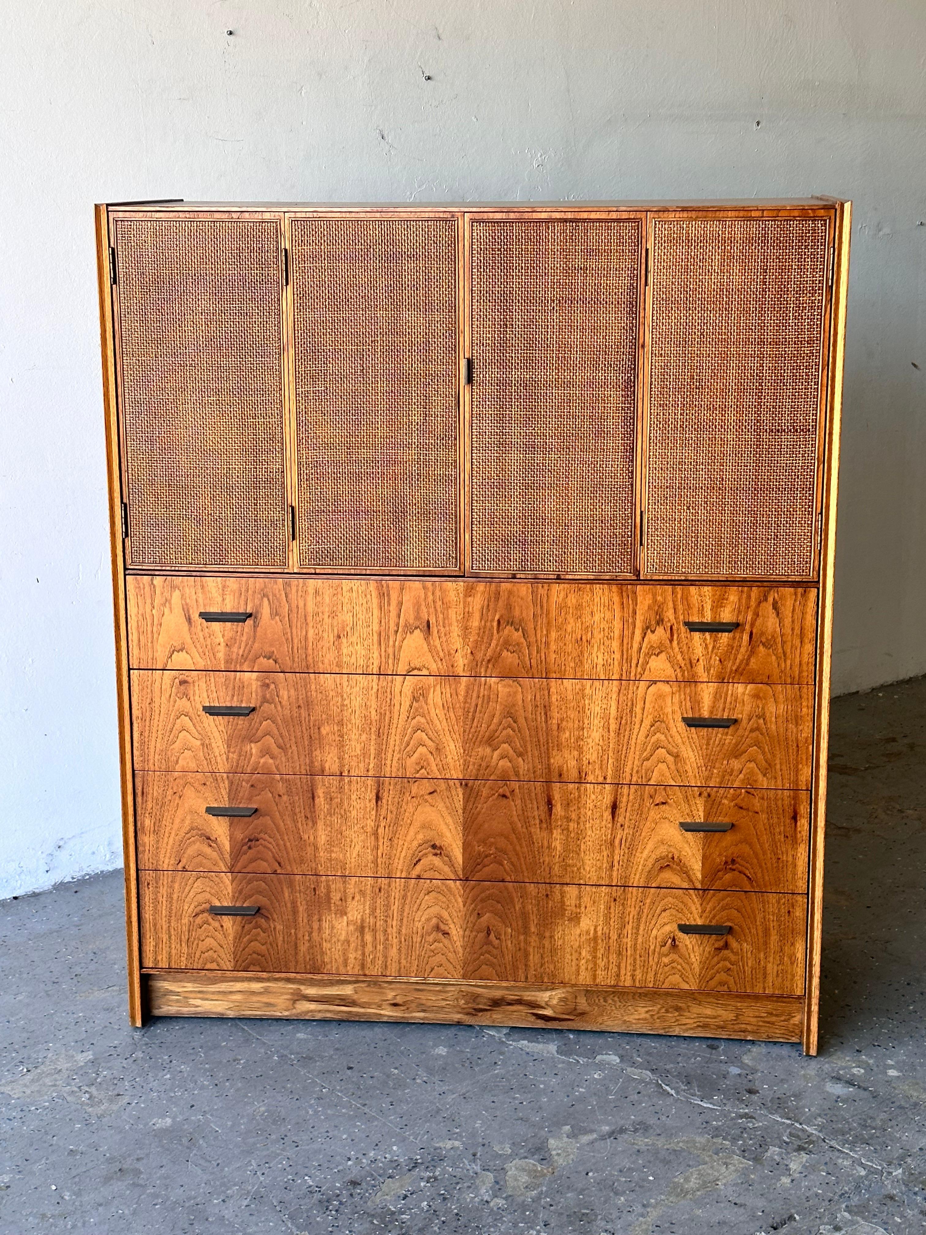 Mid-Century Modern Jack Cartwright for Founders Mid Century Pecan wood Cane High Boy Dresser For Sale