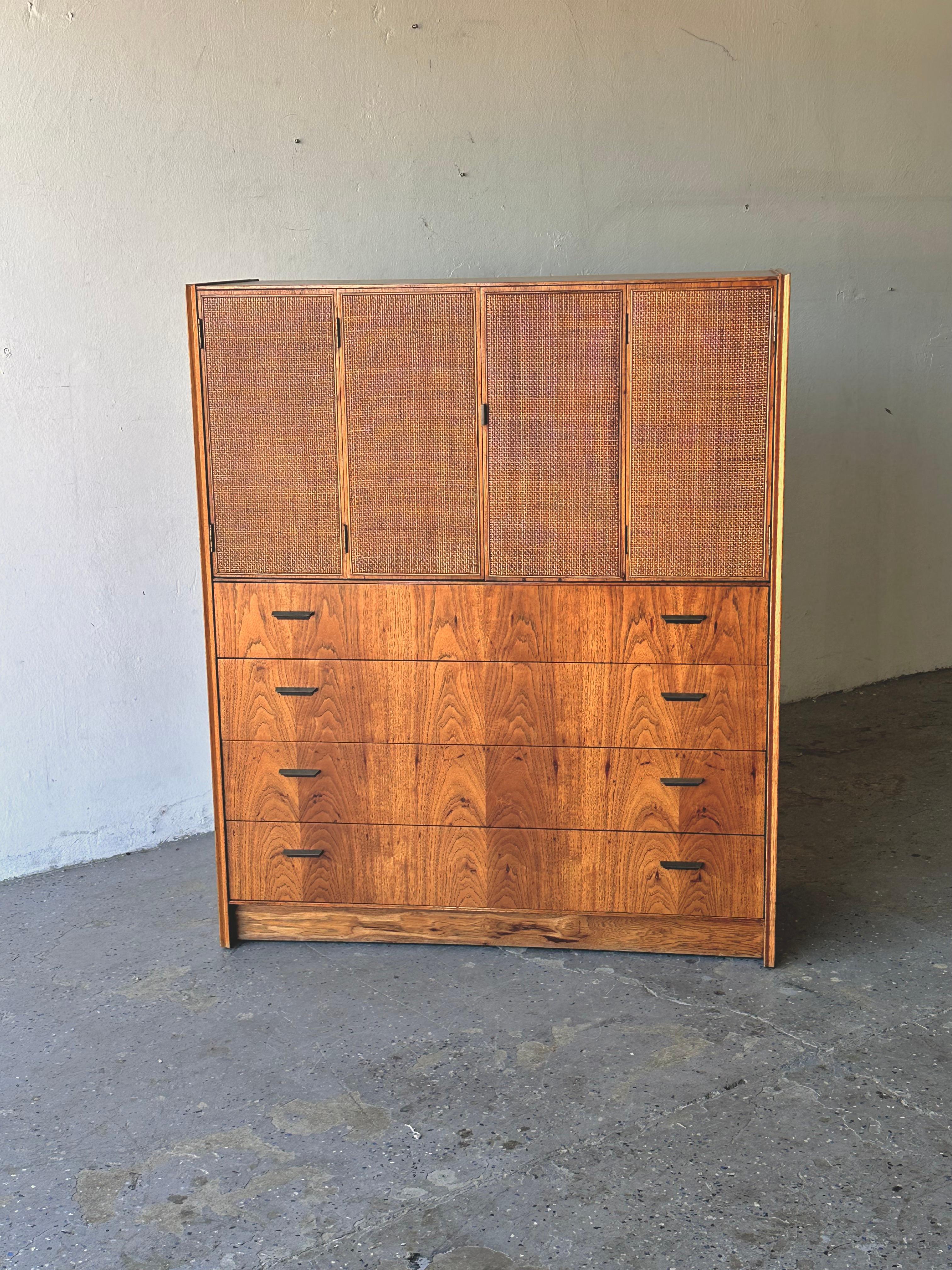 American Jack Cartwright for Founders Mid Century Pecan wood Cane High Boy Dresser For Sale