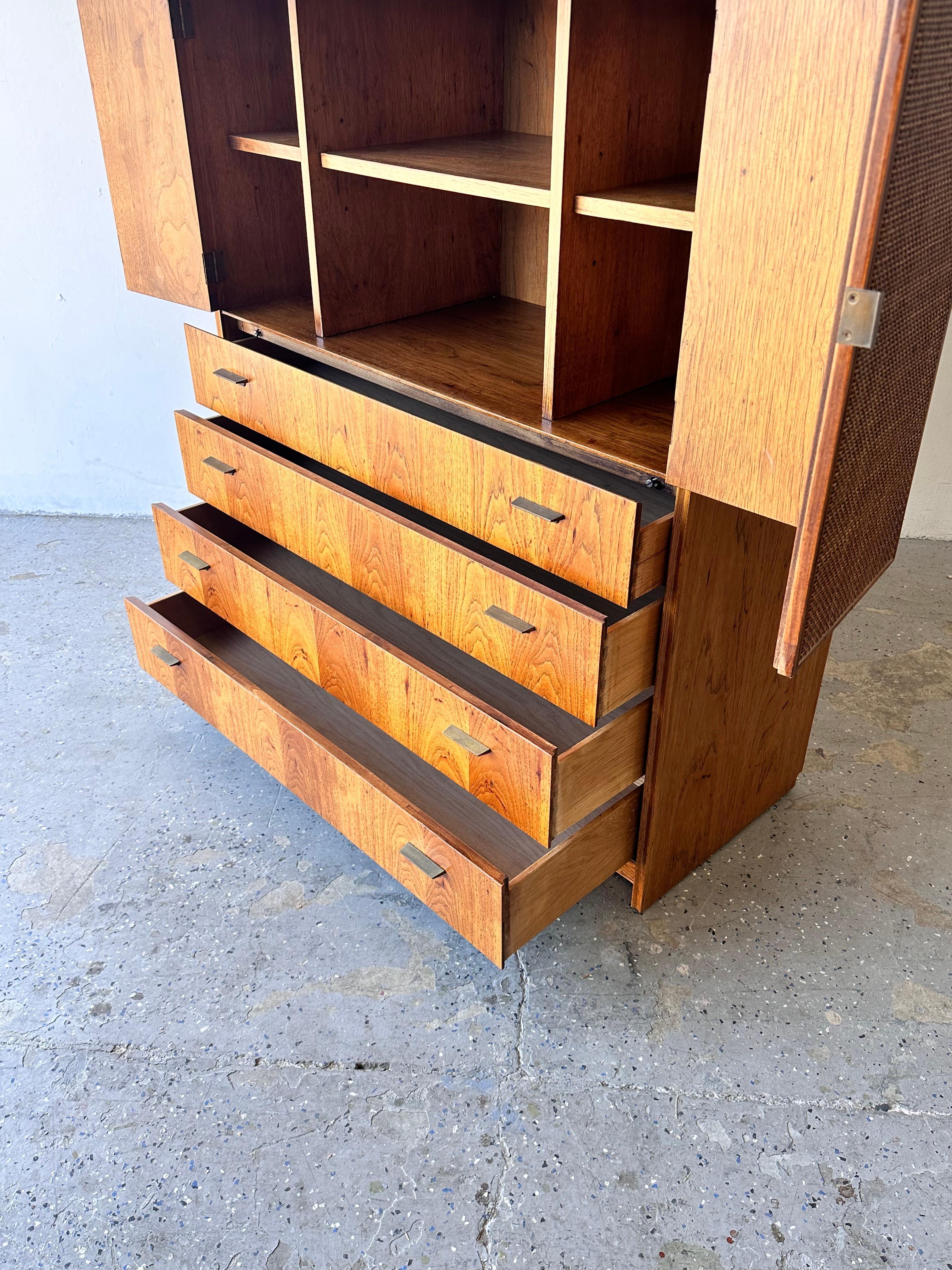 Walnut Jack Cartwright for Founders Mid Century Pecan wood Cane High Boy Dresser For Sale