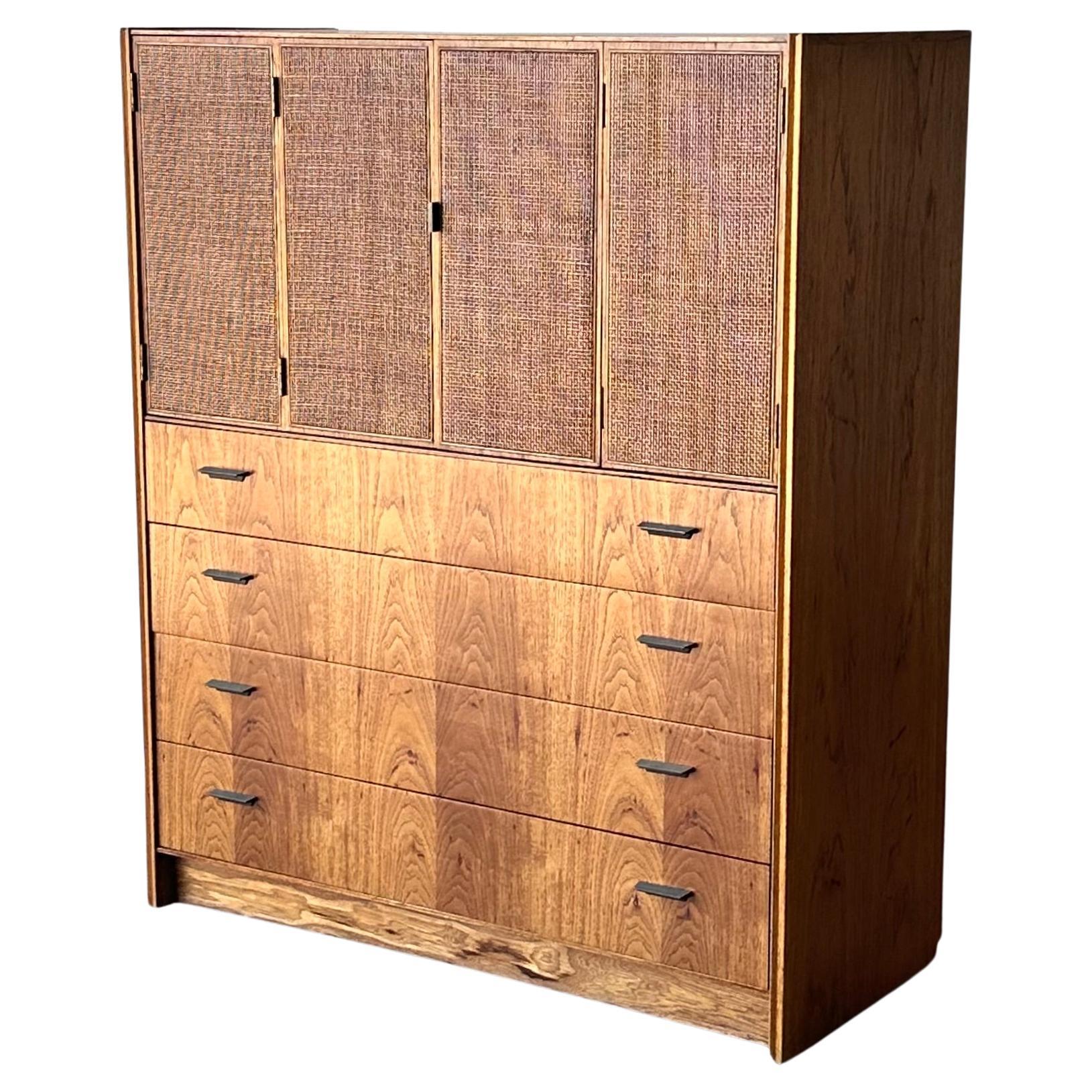 Jack Cartwright for Founders Mid Century Pecan wood Cane High Boy Dresser For Sale