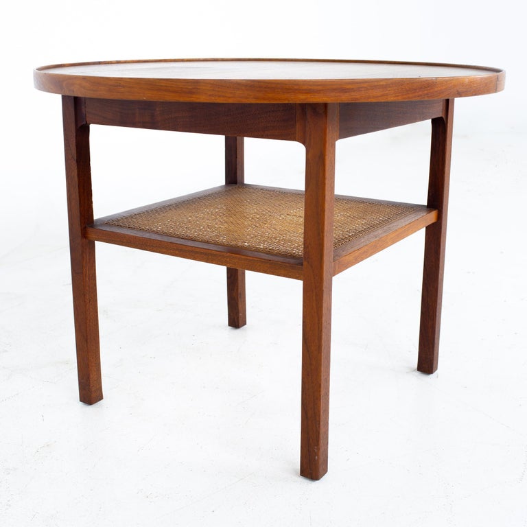 Jack Cartwright For Founders Mid Century Round Side End Table With Cane Shelf For Sale At 1stdibs