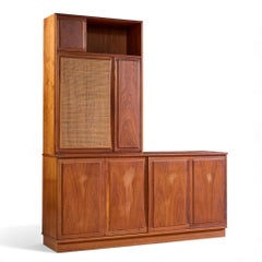 Jack Cartwright for Founders Mid Century Walnut and Cane Credenza and Hutch