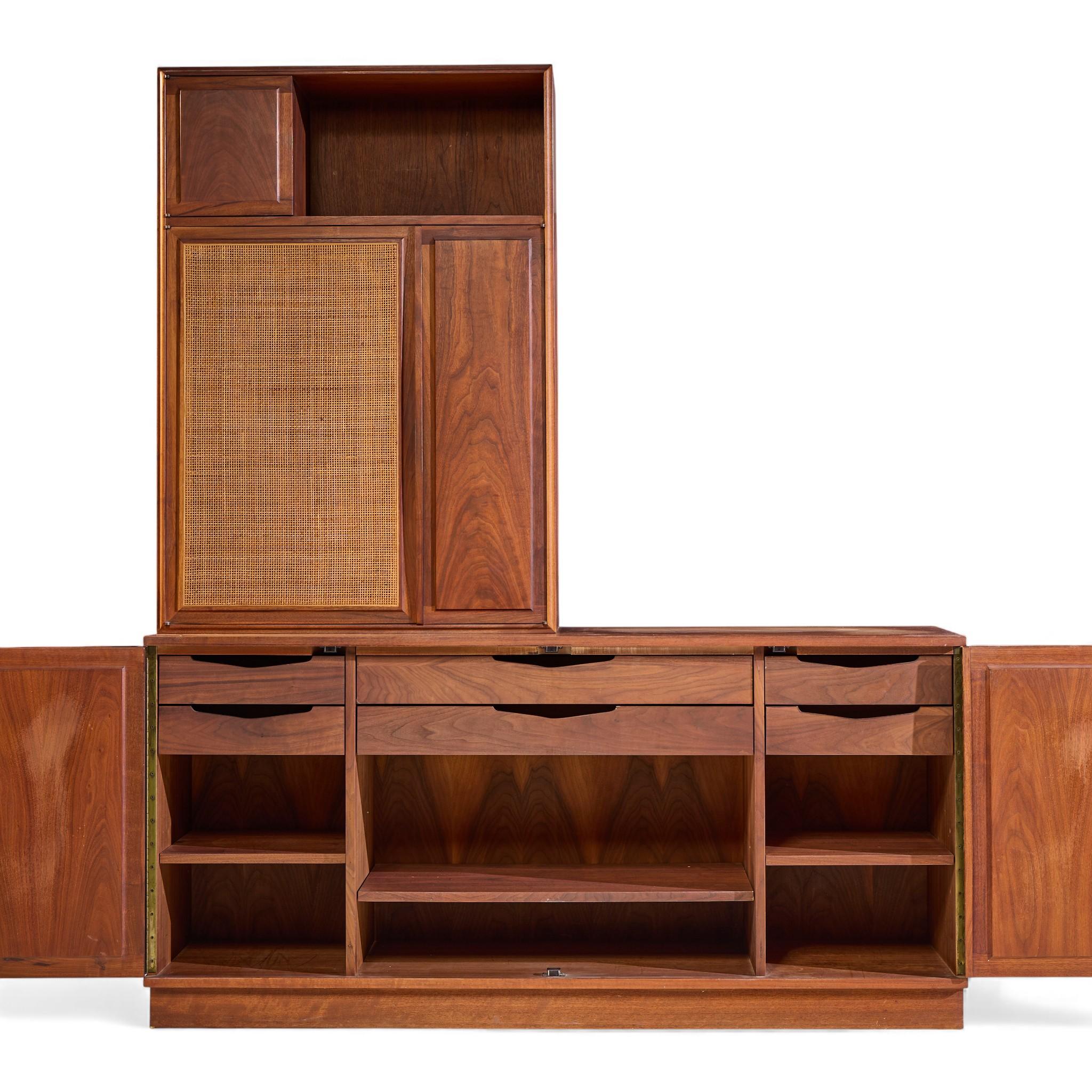 Canna Jack Cartwright for Founders Mid Century Walnut and Cane Credenza and Hutch in vendita