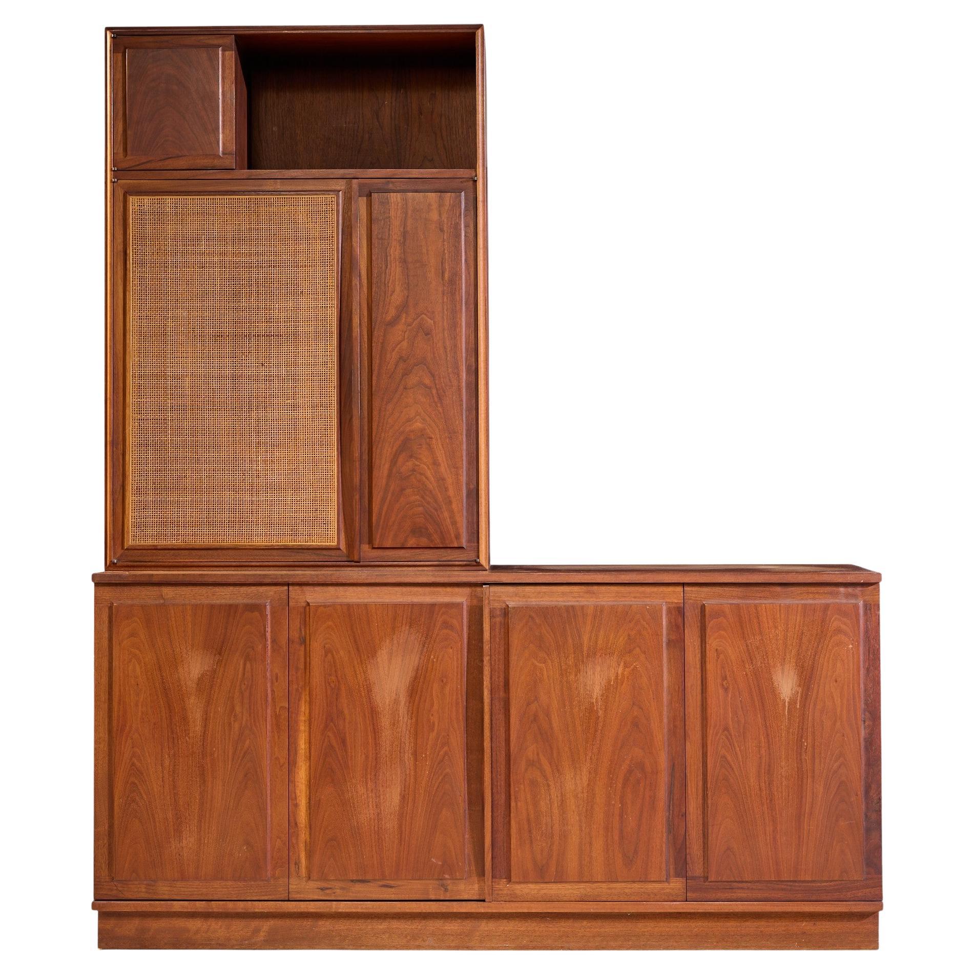 Jack Cartwright for Founders Mid Century Walnut and Cane Credenza and Hutch