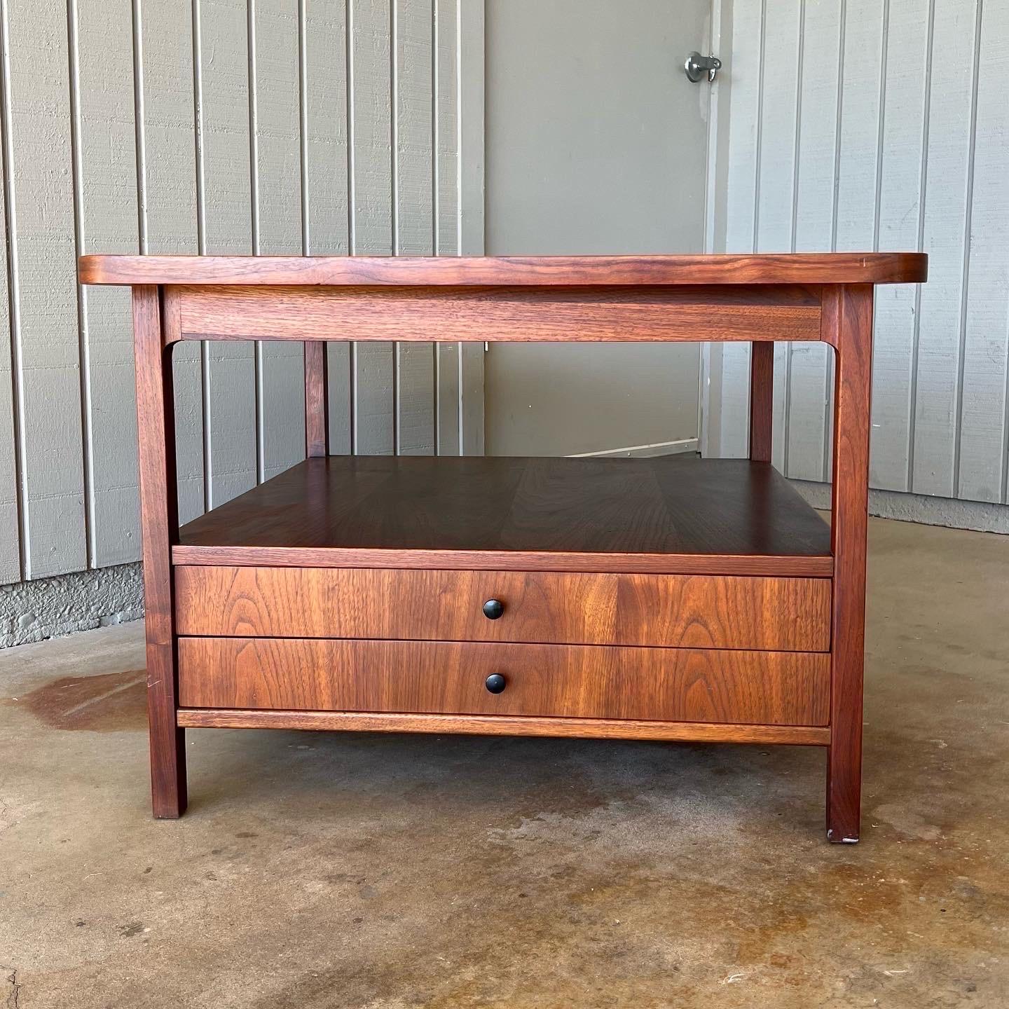 Jack Cartwright for Founders side, end or coffee table, 1960s. Walnut, black trim accents and black metal pulls. The drawers are full length, so it provides plenty of storage. Only mild signs of wear to the wood. Measures 30” deep x 30” wide x 21.5”