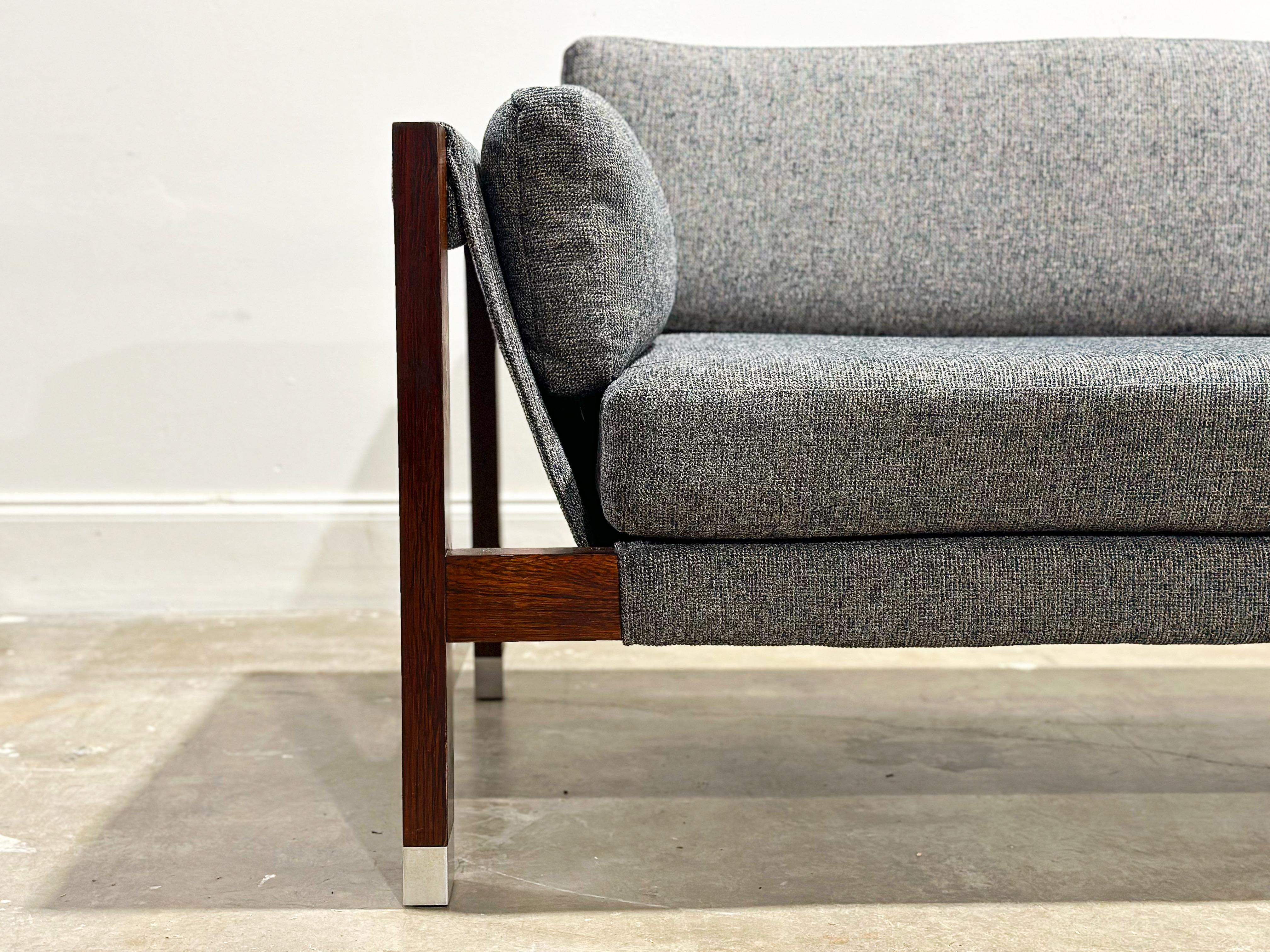 Mid-Century Modern Jack Cartwright for Founders Sling Sofa, Rosewood + Aluminum Floating Frame