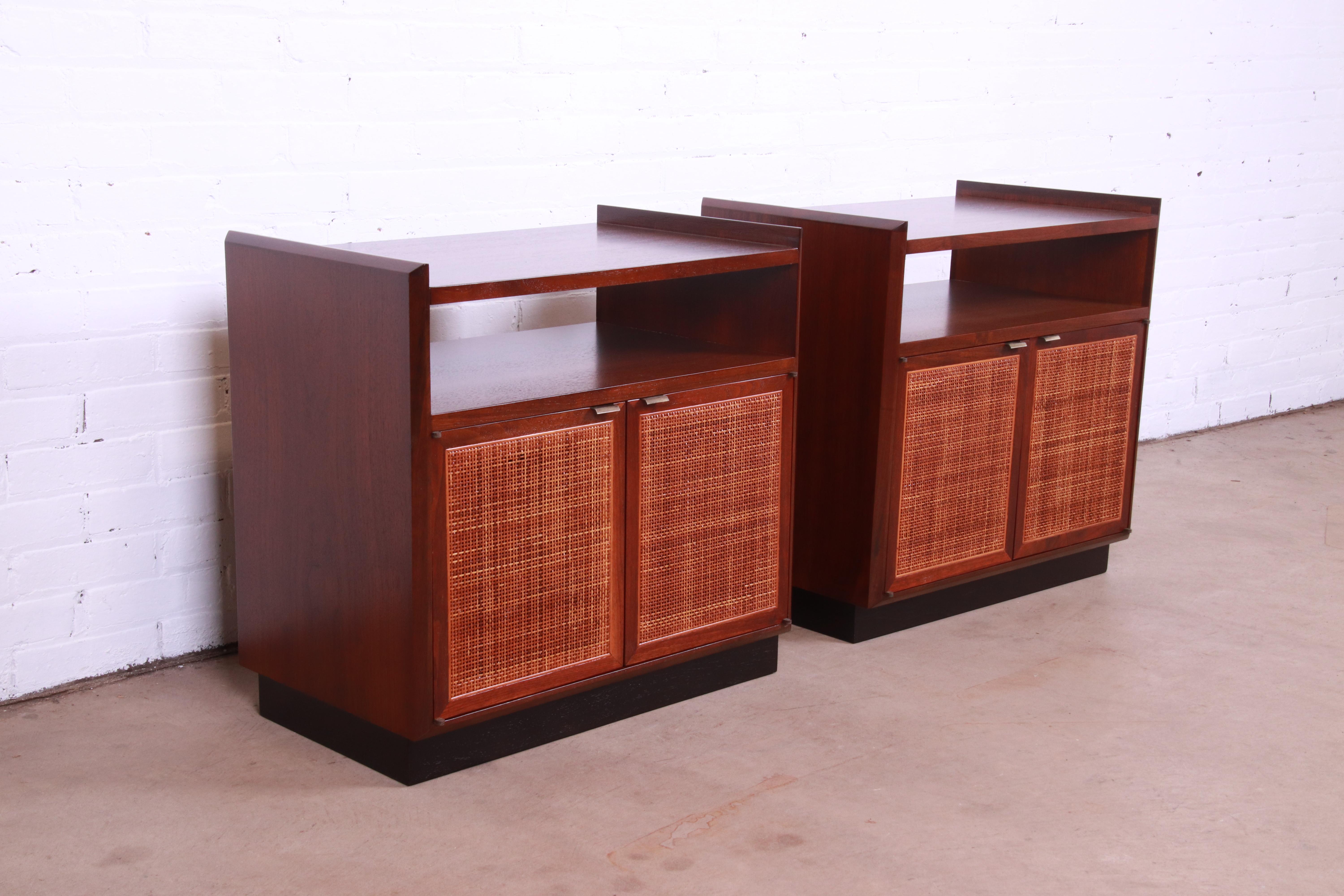 Mid-20th Century Jack Cartwright for Founders Walnut and Cane Nightstands, Newly Refinished For Sale