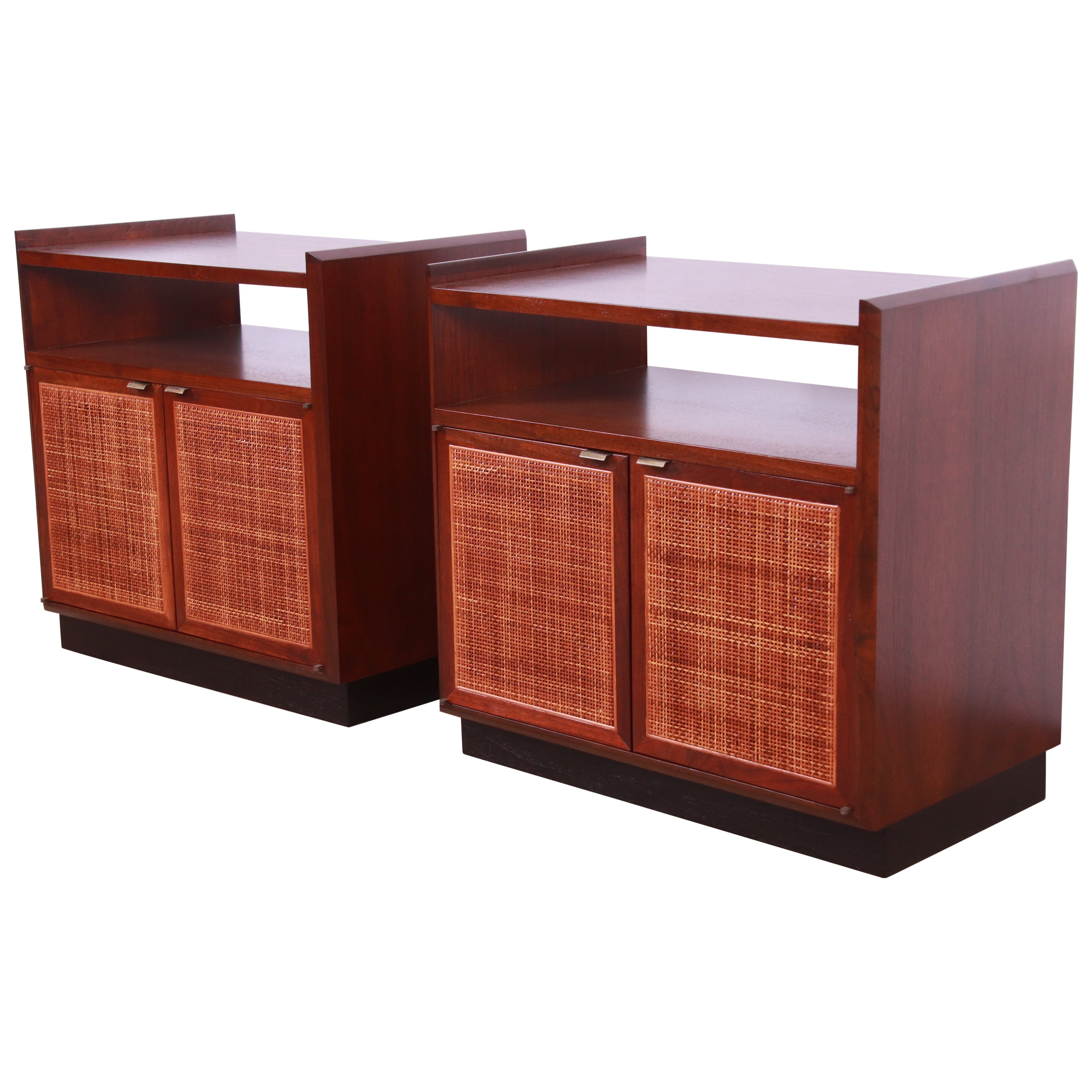 Jack Cartwright for Founders Walnut and Cane Nightstands, Newly Refinished