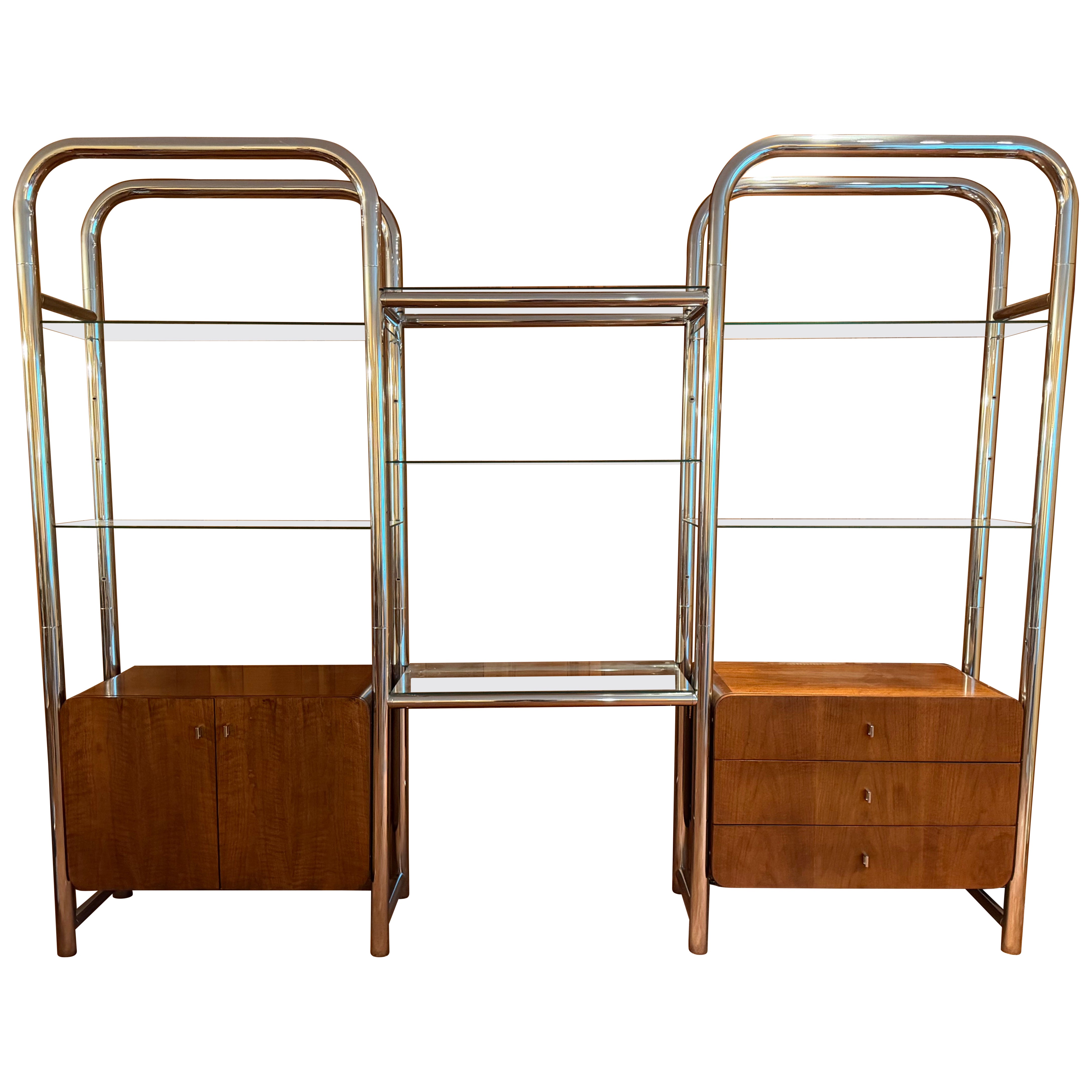 Jack Cartwright for Founders Walnut, Tubular Chrome and Glass Shelving Unit For Sale