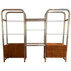 Jack Cartwright for Founders Walnut, Tubular Chrome and Glass Shelving Unit