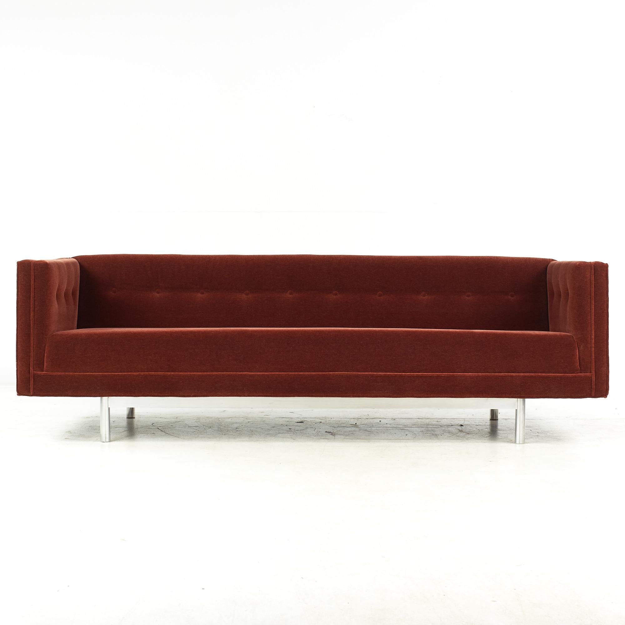 Jack Cartwright mid century chrome and mohair sofa

This sofa measures: 86.5 wide x 32.5 deep x 26.75 inches high, with a seat height of 16 and arm height of 26.75 inches

All pieces of furniture can be had in what we call restored vintage