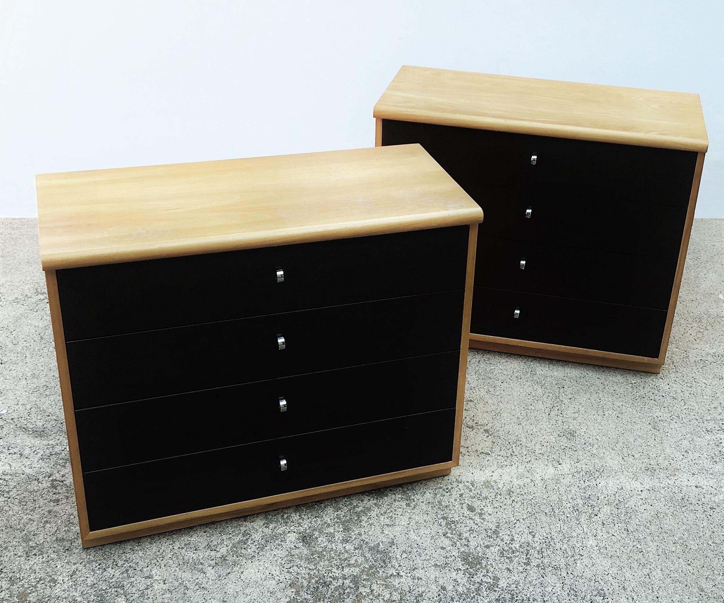 Modern & Minimalist in design this pair of nightstands/bachelors chests designed by Jack Cartwright for Founders Furniture has clean lines and quiet excitement with the lustrous clear lacquered birch wood and the white lacquered drawer fronts with
