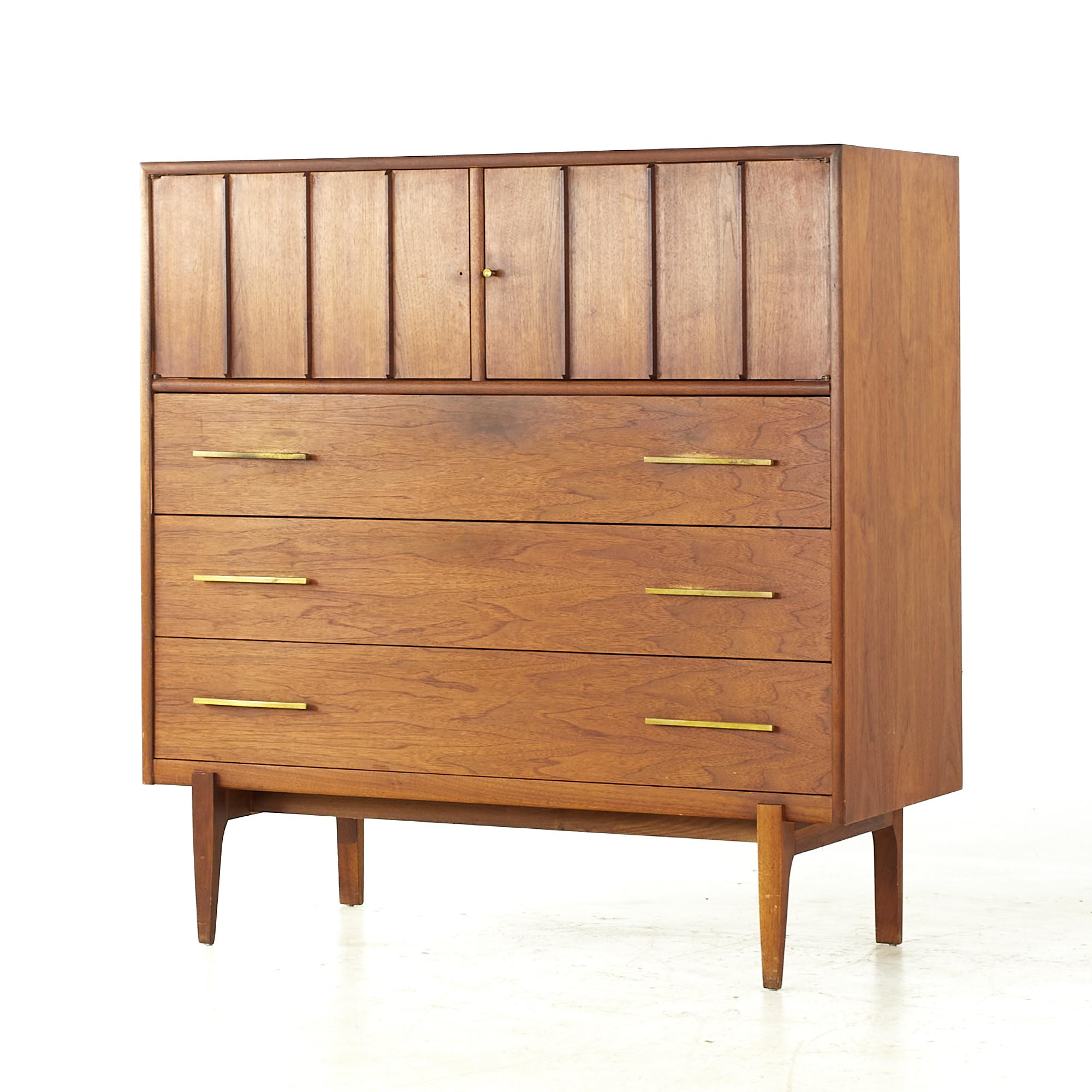 Mid-Century Modern Jack Cartwright Style Ramseur Midcentury Walnut and Brass Highboy Dresser For Sale