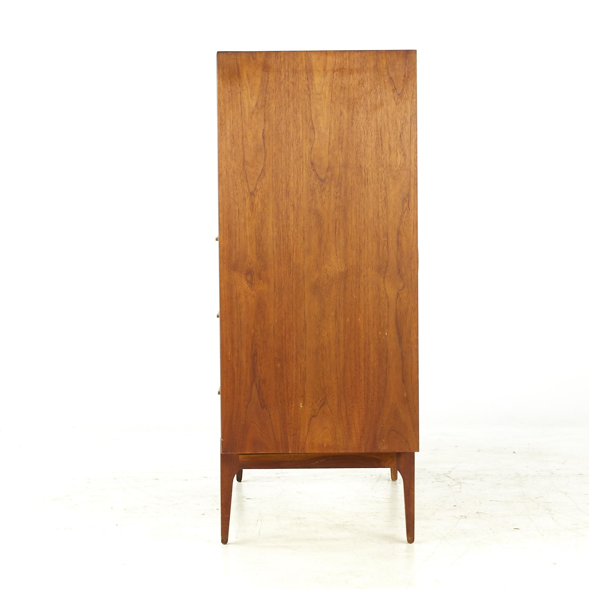 Jack Cartwright Style Ramseur Midcentury Walnut and Brass Highboy Dresser In Good Condition For Sale In Countryside, IL