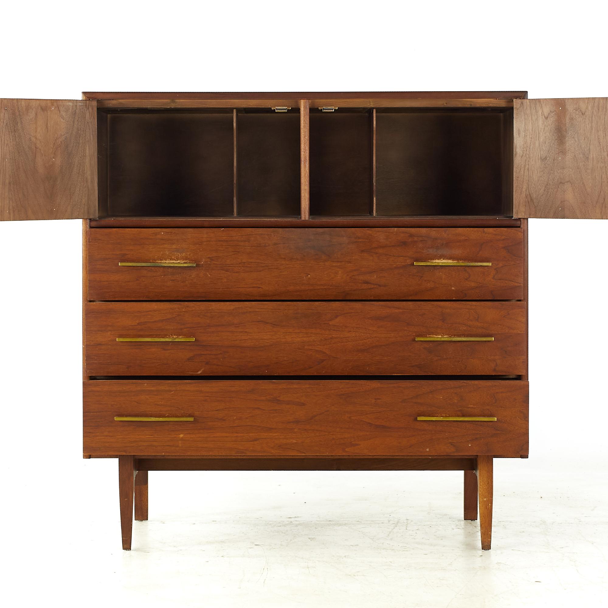 Late 20th Century Jack Cartwright Style Ramseur Midcentury Walnut and Brass Highboy Dresser For Sale