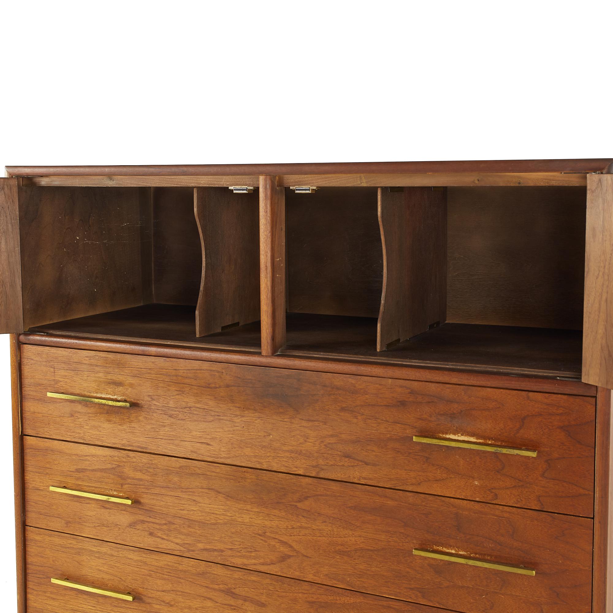 Jack Cartwright Style Ramseur Midcentury Walnut and Brass Highboy Dresser For Sale 1