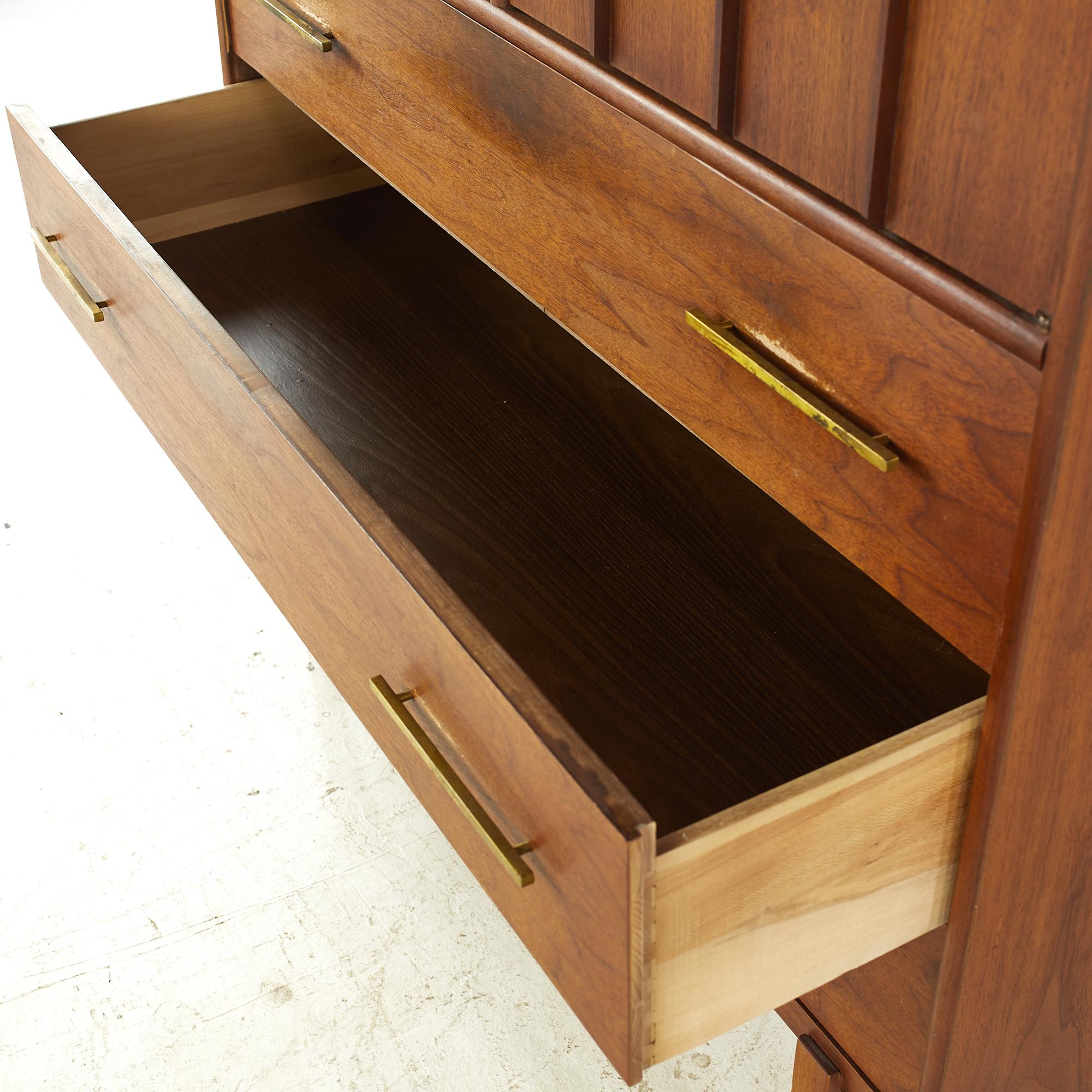 Jack Cartwright Style Ramseur Midcentury Walnut and Brass Highboy Dresser For Sale 2