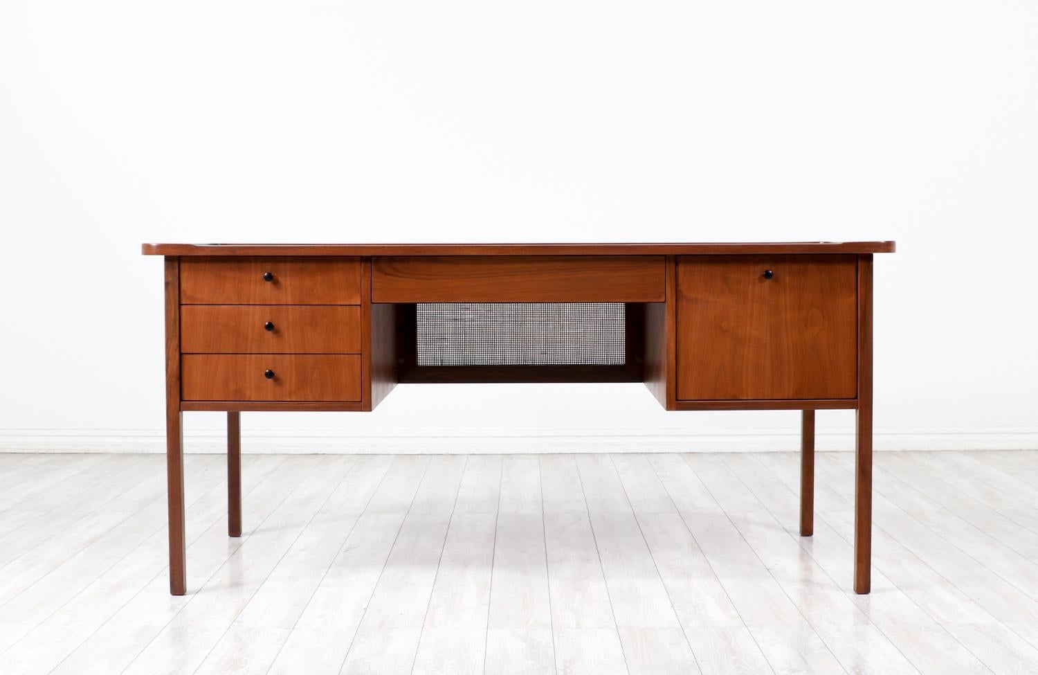 Mid-Century Modern Expertly Restored -Jack Cartwright Walnut & Cane Executive Desk for Founders Co.