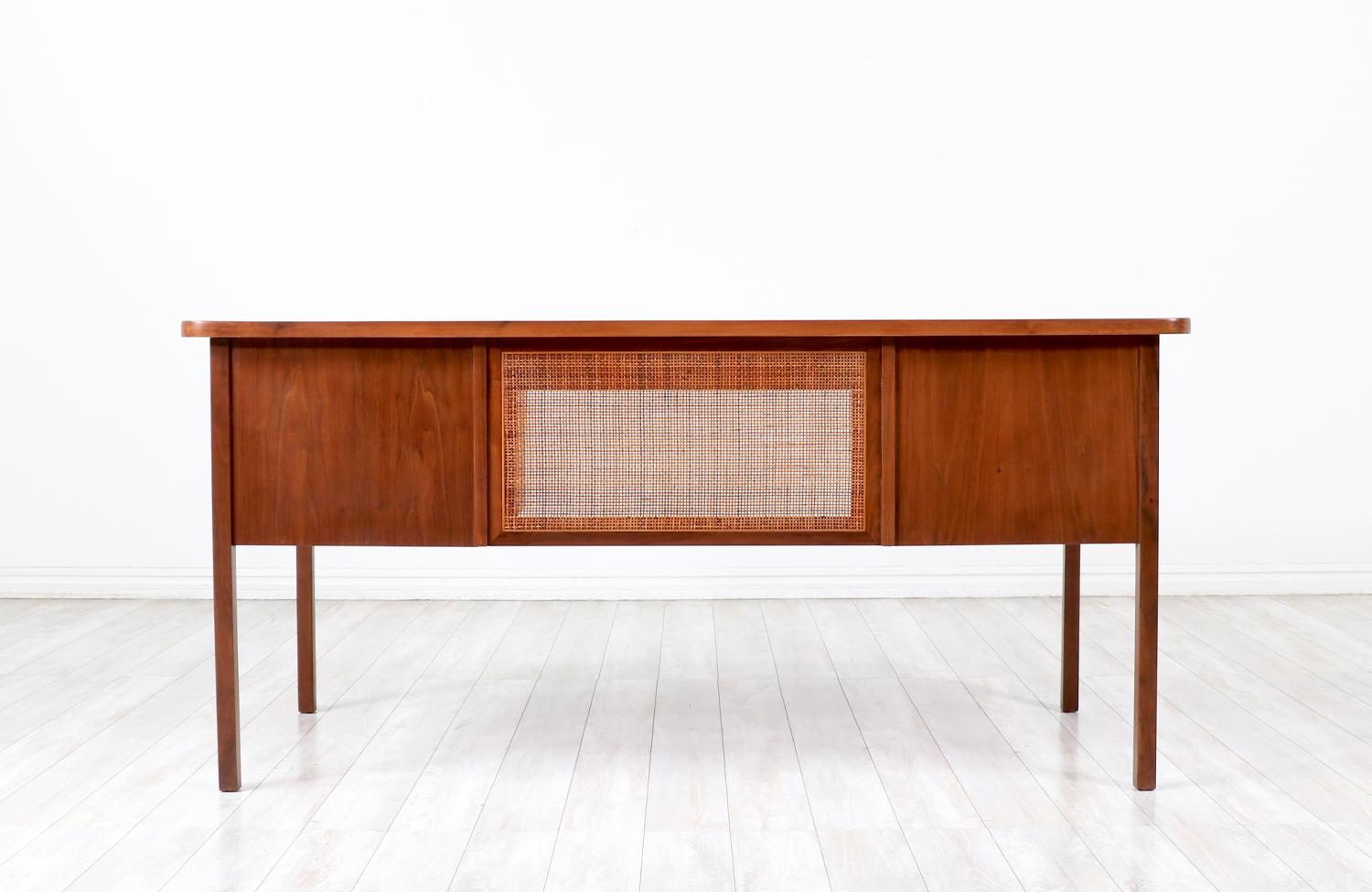 Mid-20th Century Expertly Restored -Jack Cartwright Walnut & Cane Executive Desk for Founders Co.