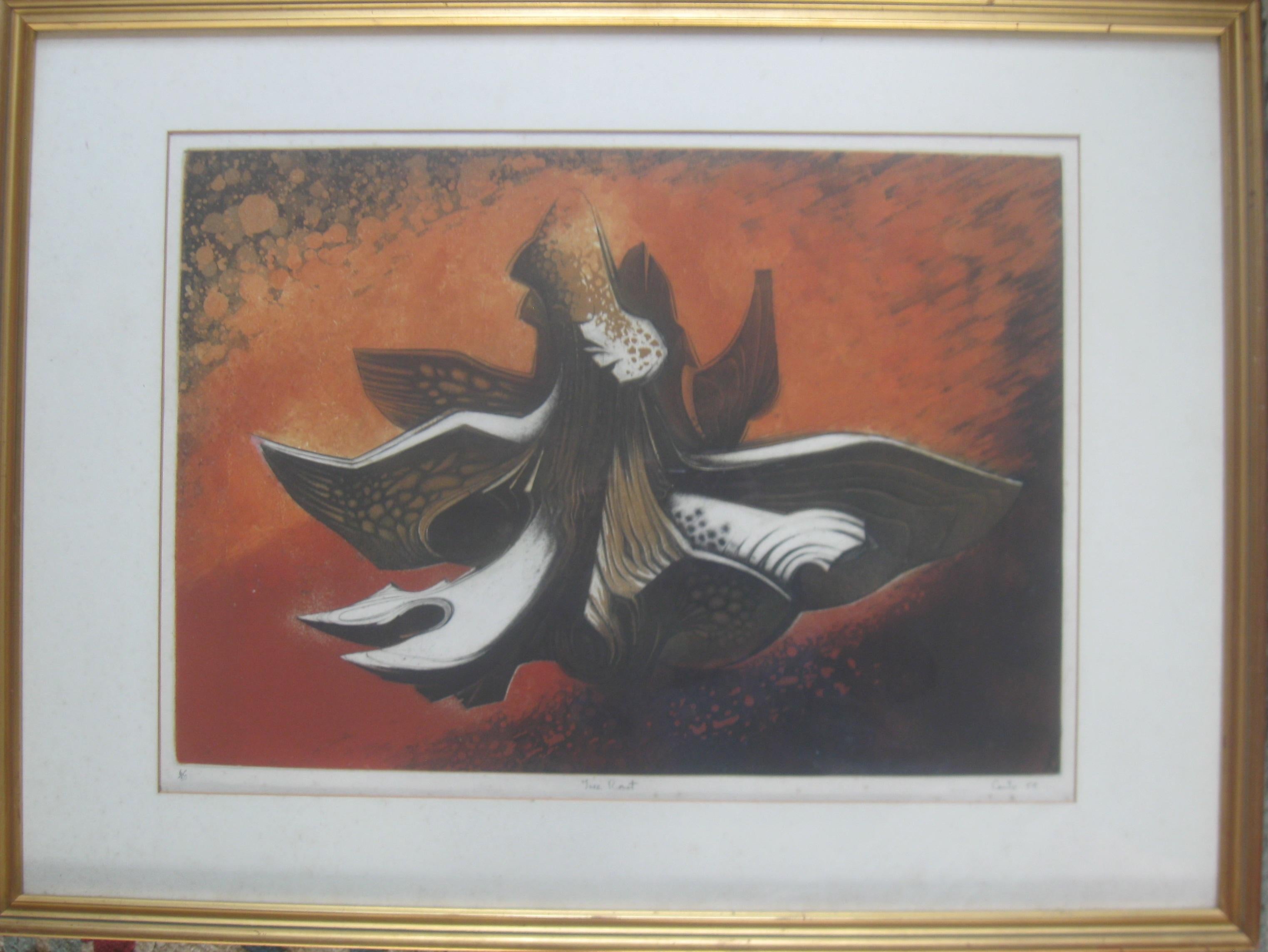 Landscape Print de Jack Coutu - Raíz de árbol' . Litografía coloreada a mano, circa 1959.