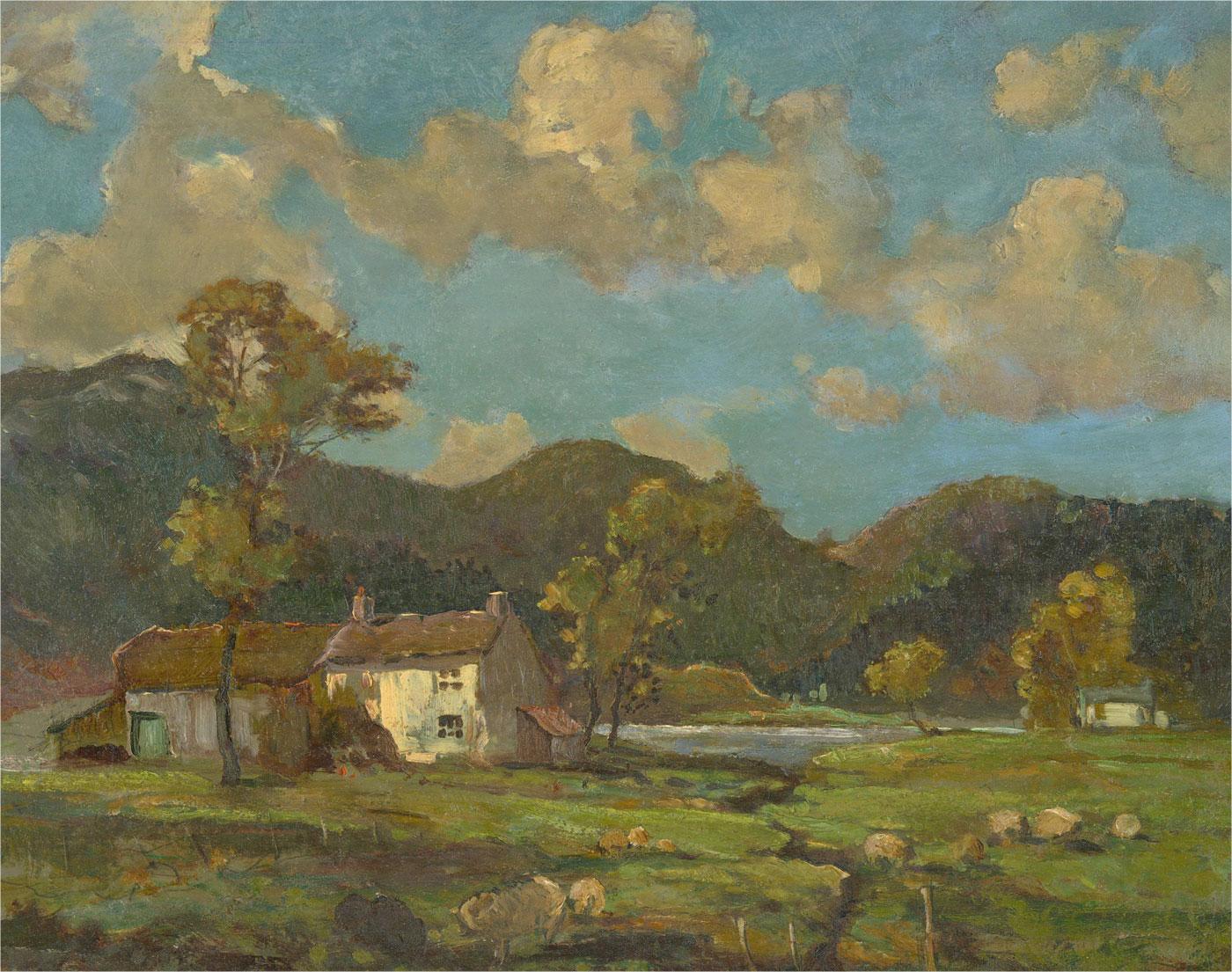 A charming 20th Century oil landscape showing an isolated farm with sheep grazing in the surrounding meadows, under a bright blue sky. The artist has signed to the lower left corner and the painting has been presented in a simple oak frame with gilt
