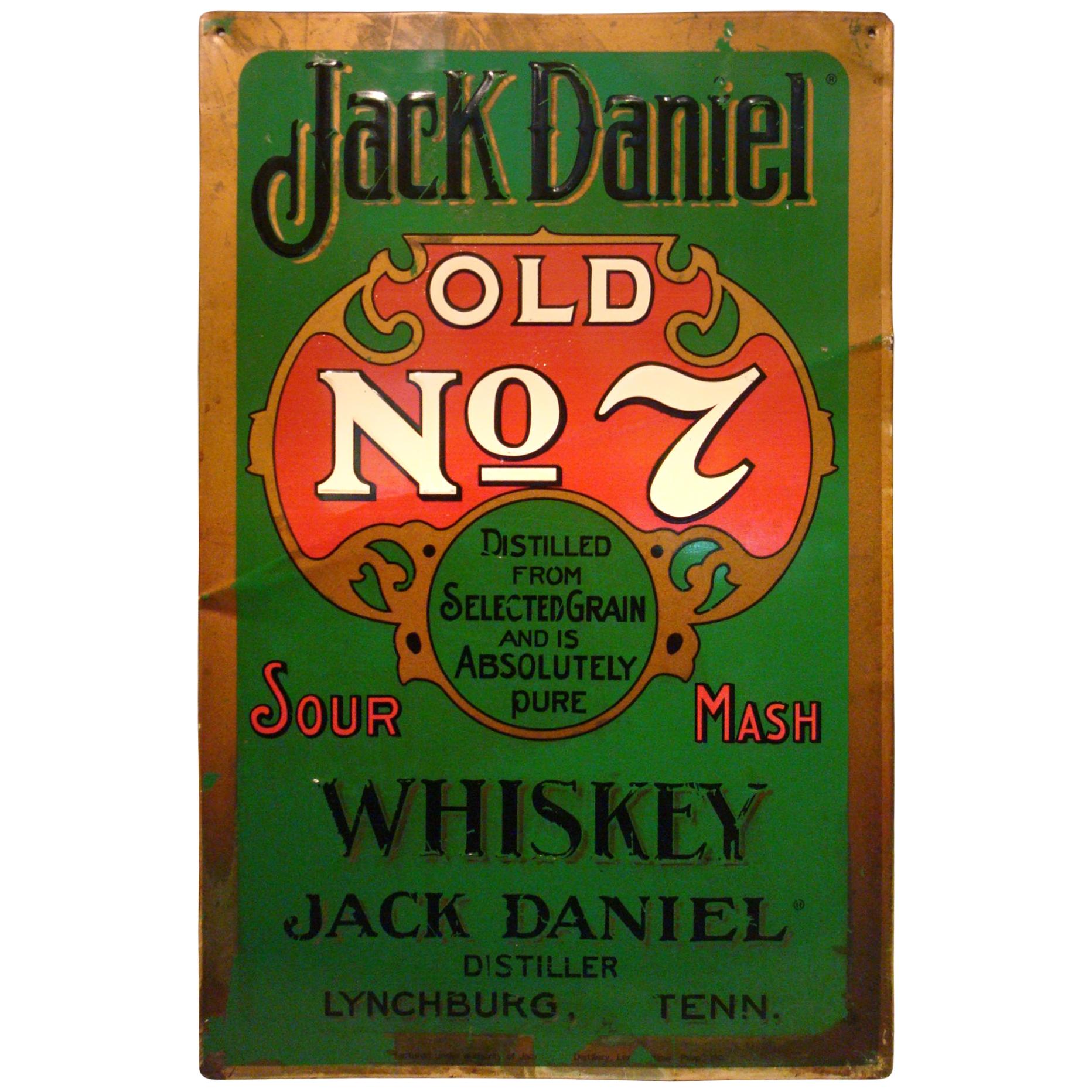 Jack Daniels Old Number 7 Whiskey Tin Advertising Bar Sign / 1950s Midcentury