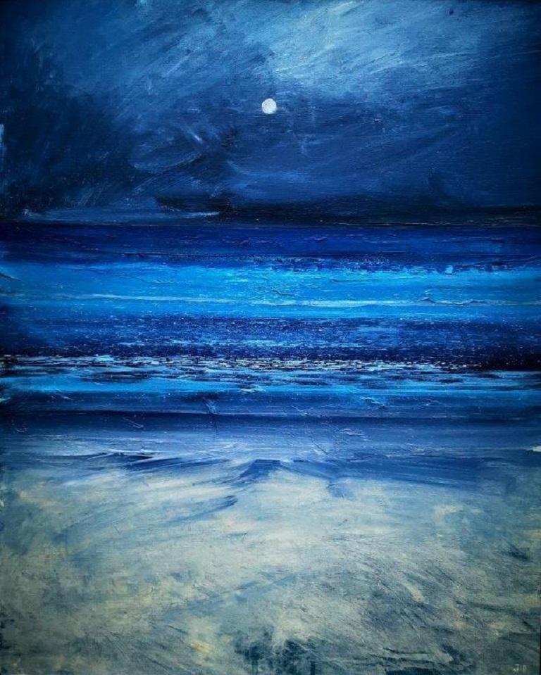 Jack Davis Landscape Painting - "Overwhelming Light”, Moonlit Cornish seascape, Tonalist, oil on canvas