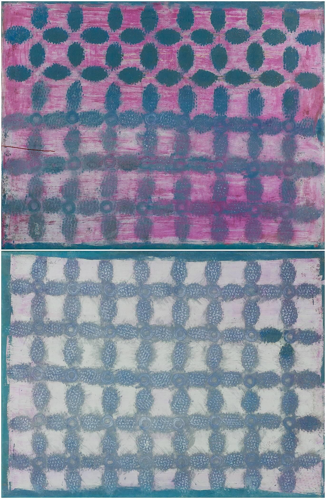 Lienzo de caucho tensado de doble panel monumental rosa y morado teñido y pintado