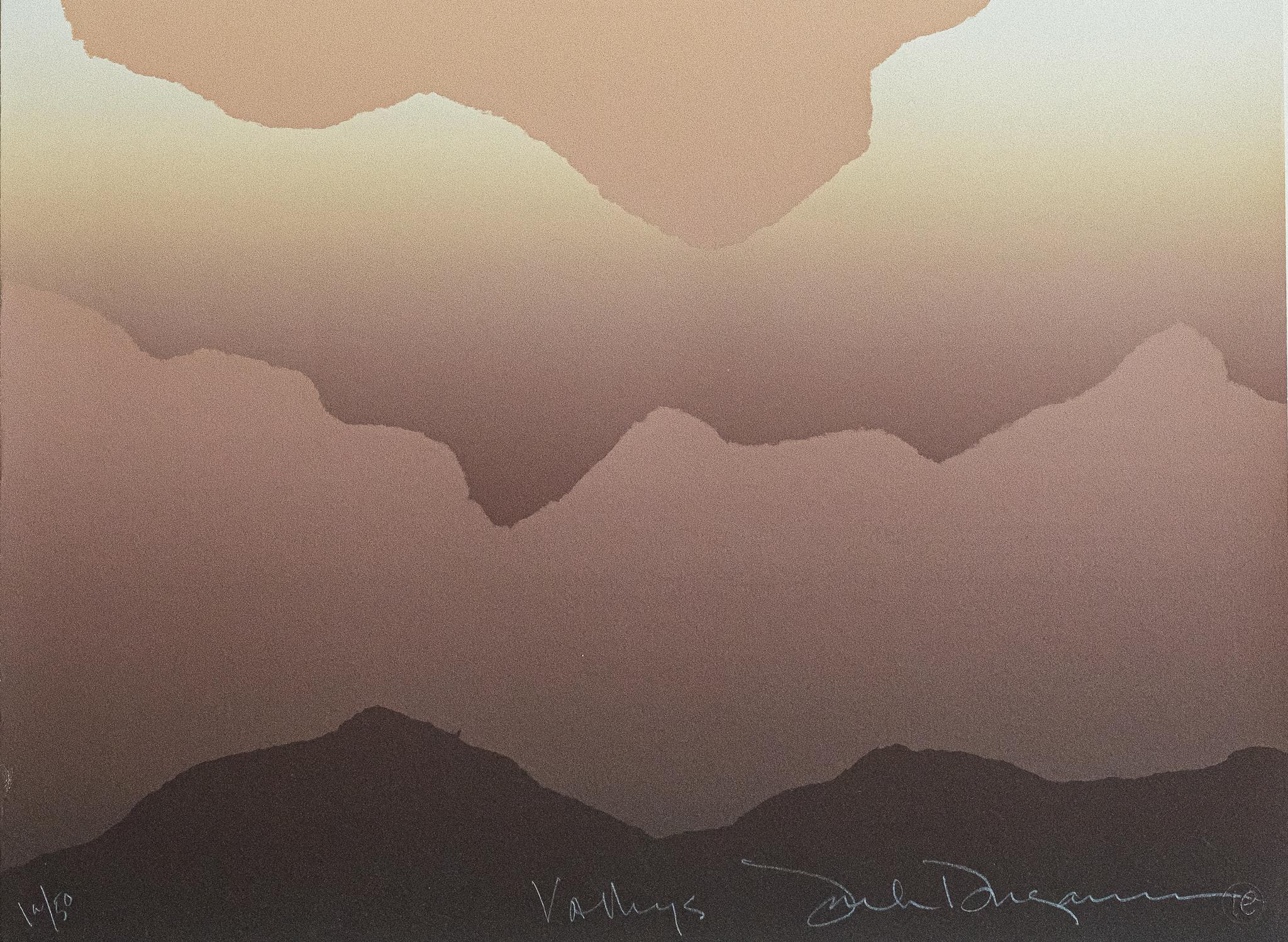 Una coppia di stampe che formano un paesaggio coeso se esposte una accanto all'altra.
Ogni pezzo misura 28 x 22 pollici.
Insieme misurano complessivamente 28 x 44 pollici.
Ciascuna delle due stampe è firmata, intitolata 