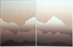 "Valleys" Diptych Color Lithographs of Mountain Range in Earth Tones Brown Tan
