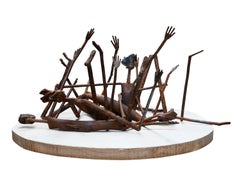 Sculpture figurative abstraite en acier et bois « twister » moderniste