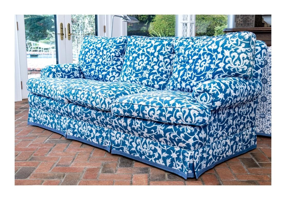 Jack Fhillips Custom Upholstered Blue And White Three Seat Sofa For Sale 5