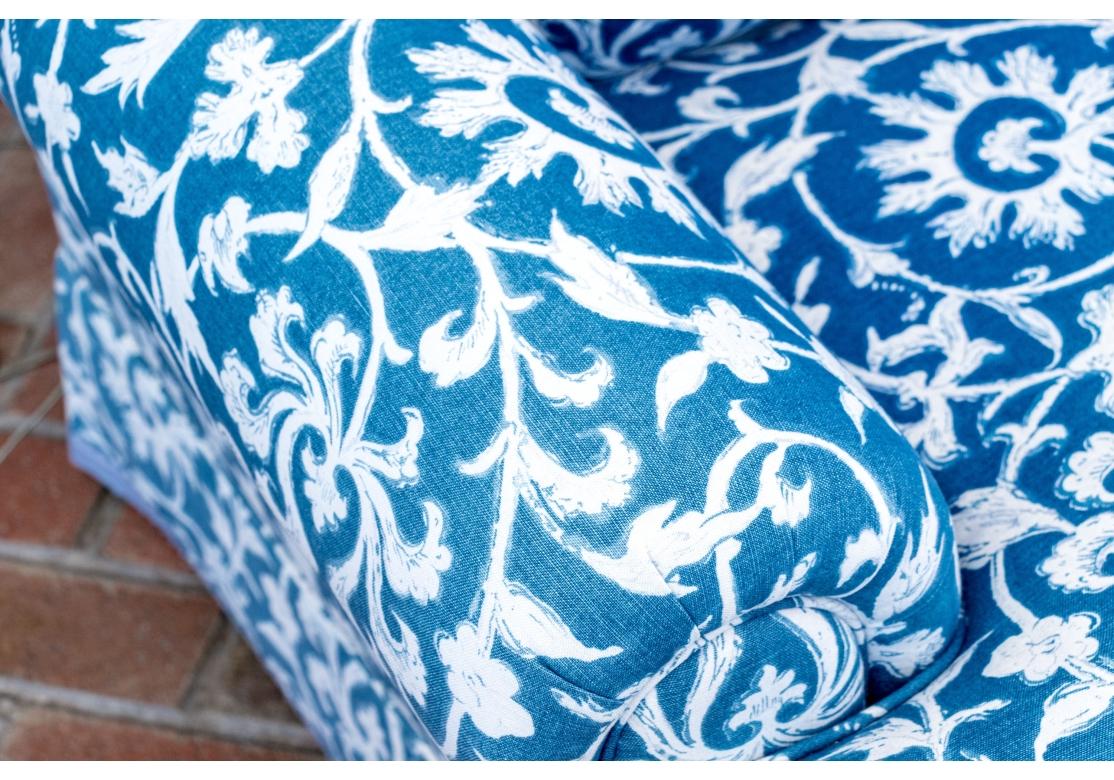 Hollywood Regency Jack Fhillips Custom Upholstered Blue And White Three Seat Sofa For Sale