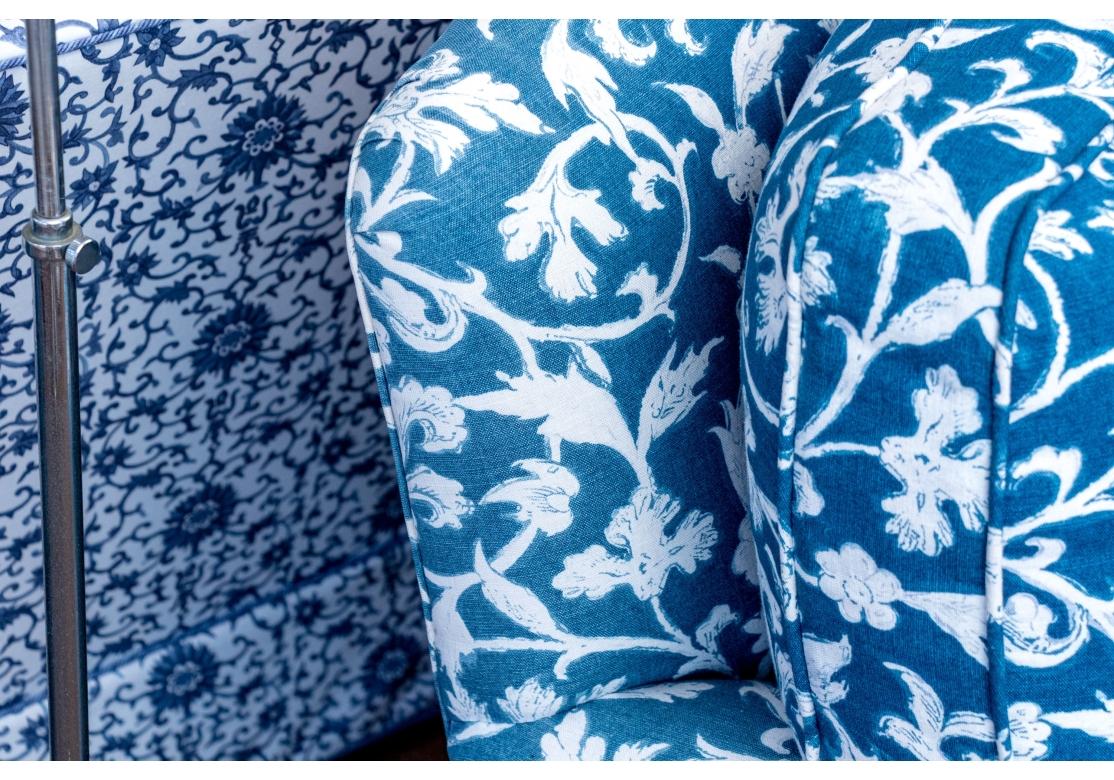 20th Century Jack Fhillips Custom Upholstered Blue And White Three Seat Sofa For Sale