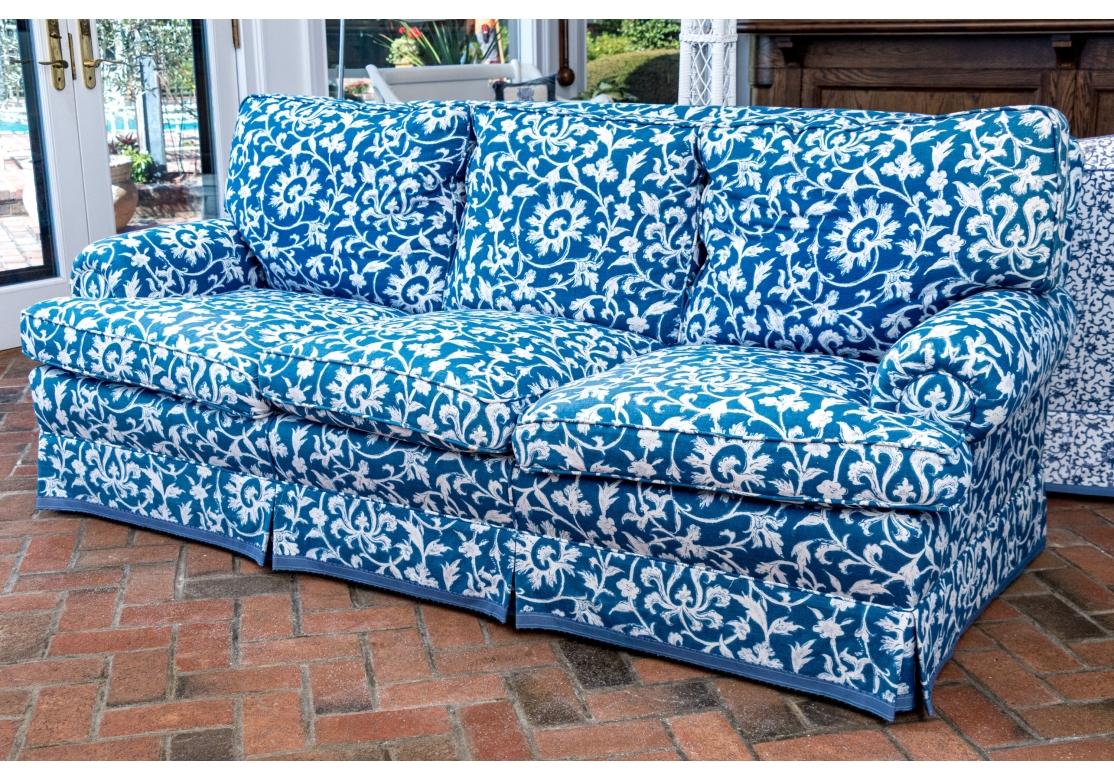 Fabric Jack Fhillips Custom Upholstered Blue And White Three Seat Sofa For Sale